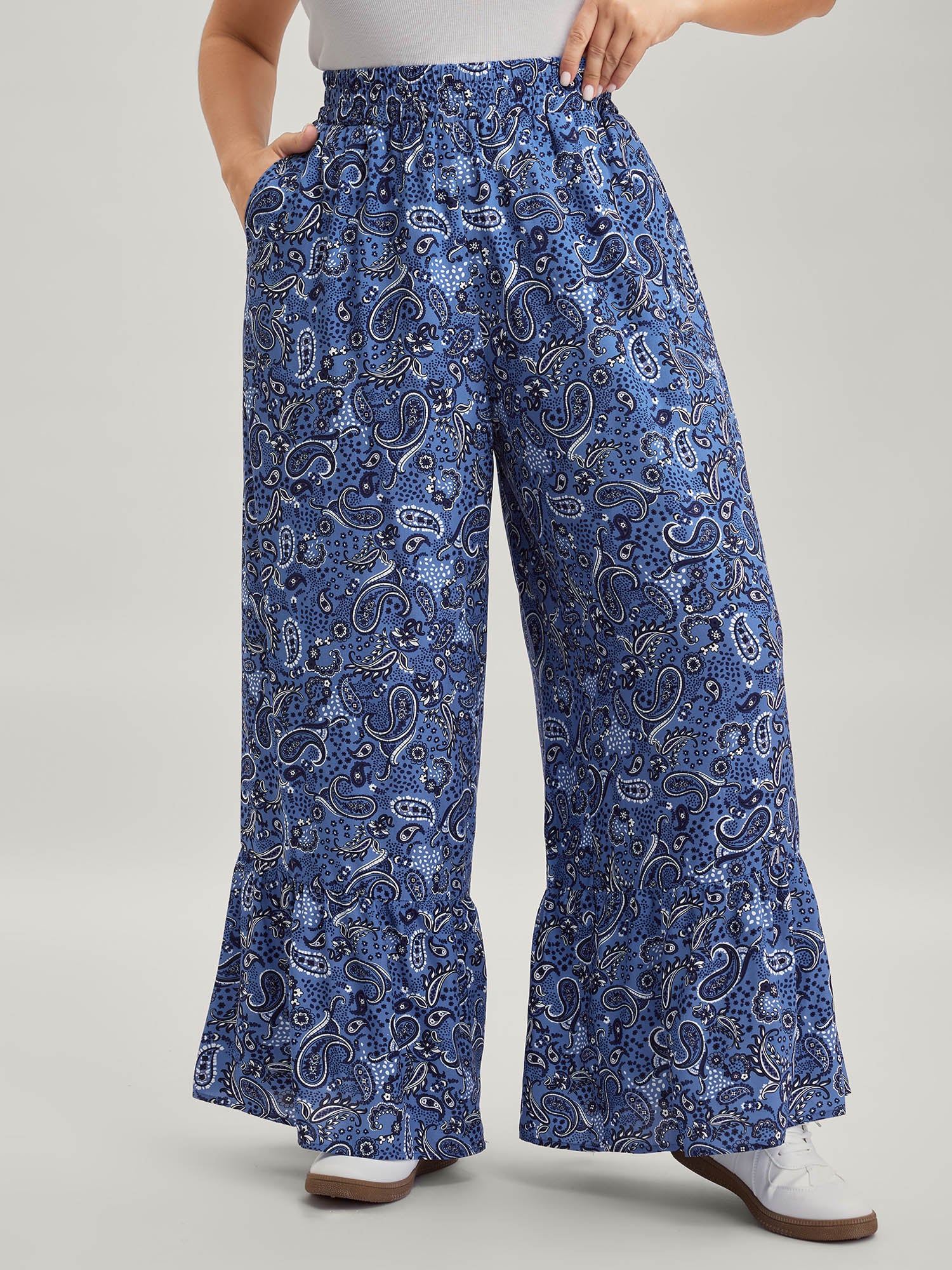 Paisley Print Tiered Hem Wide-Leg Pants