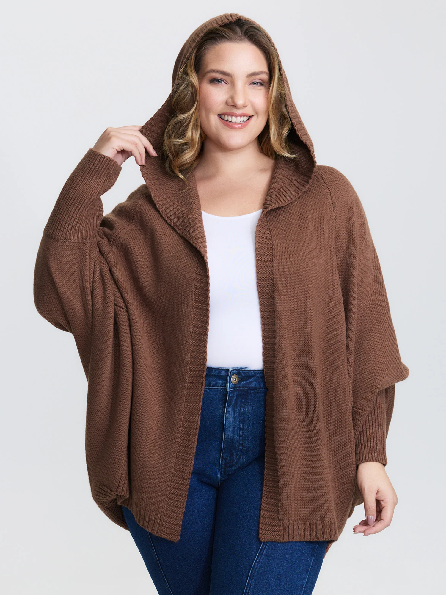 Coccoon Shaped Hooded Front-Open Knit Cardigan