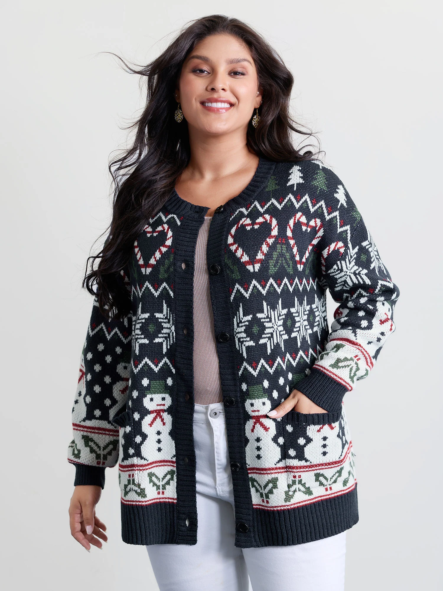 Snowman Holiday Jacquard Pockets Knit Cardigan