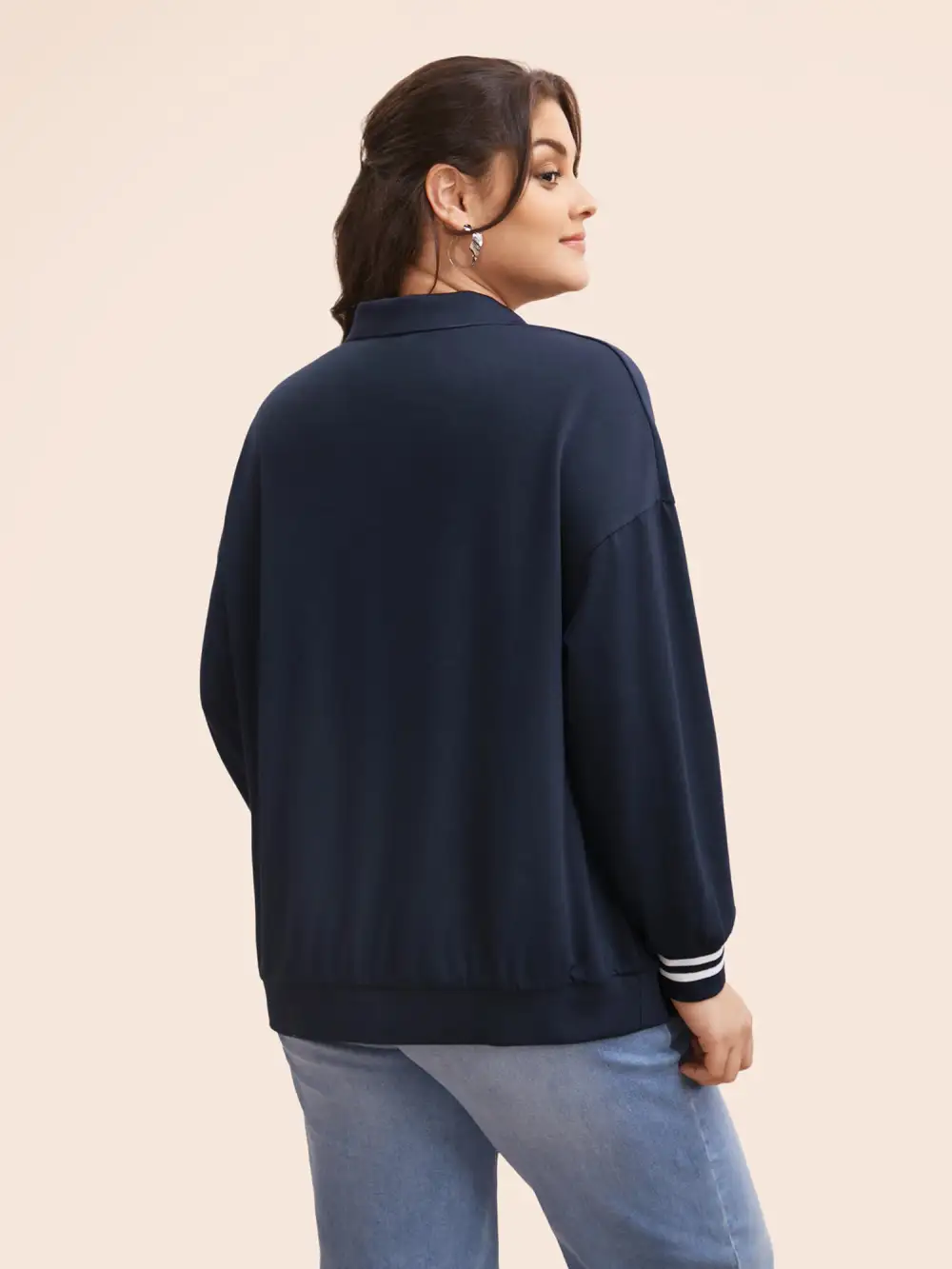 Polo Neck Contrast Trim Drop Shoulder Sweatshirt