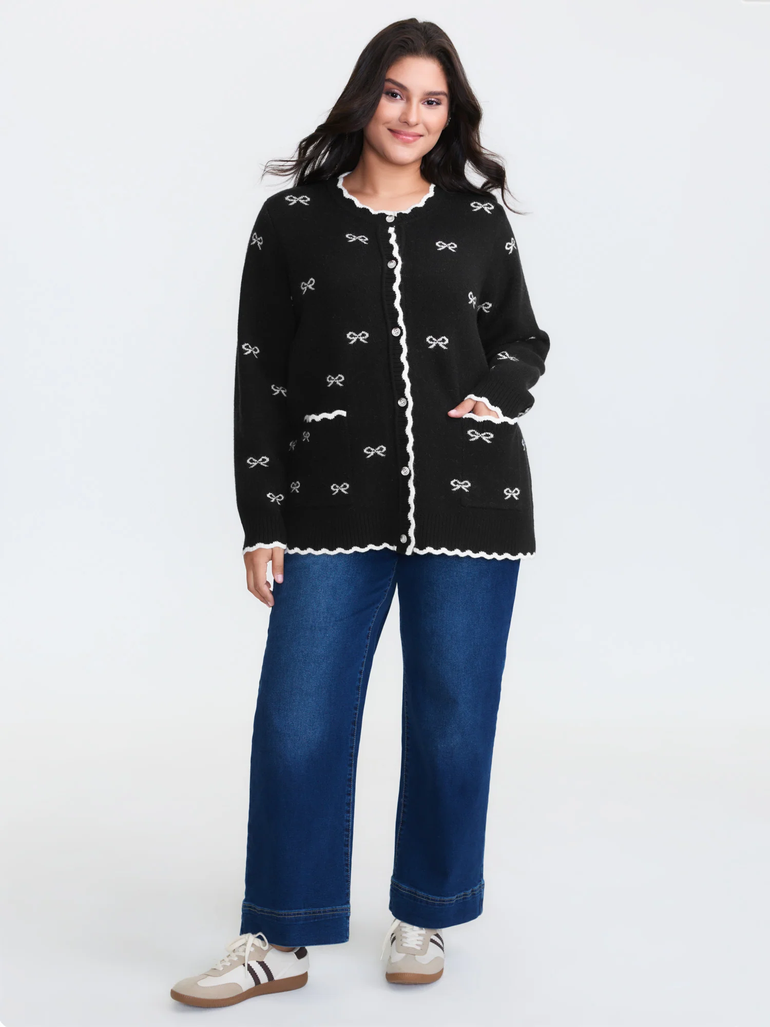 Bowknot Jacquard Wavy Edge Knit Cardigan