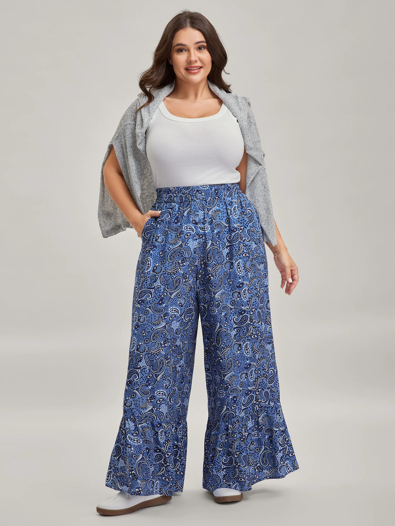 Paisley Print Tiered Hem Wide-Leg Pants