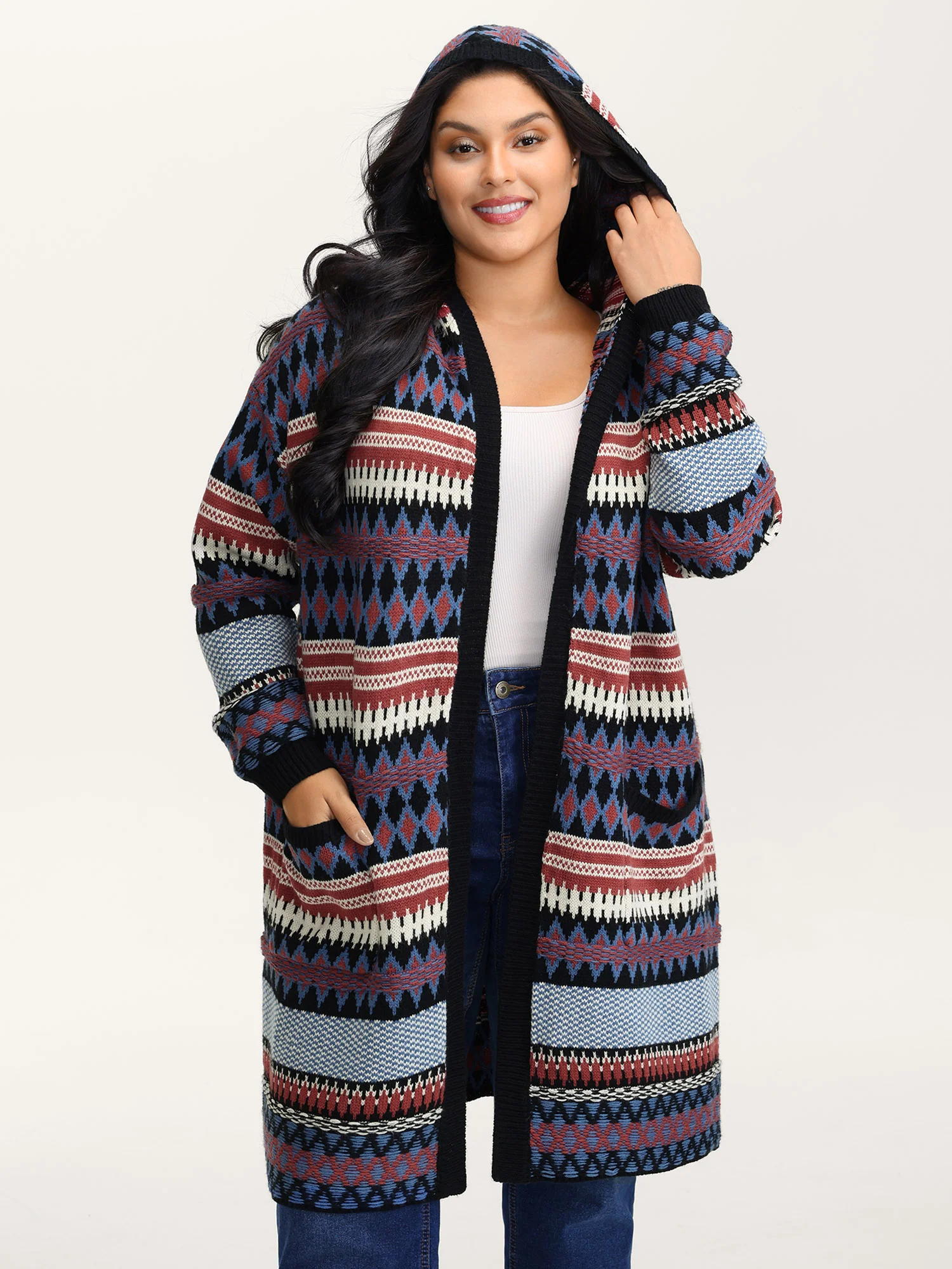 Boho Stripe Pockets Hooded Long Knit Cardigan