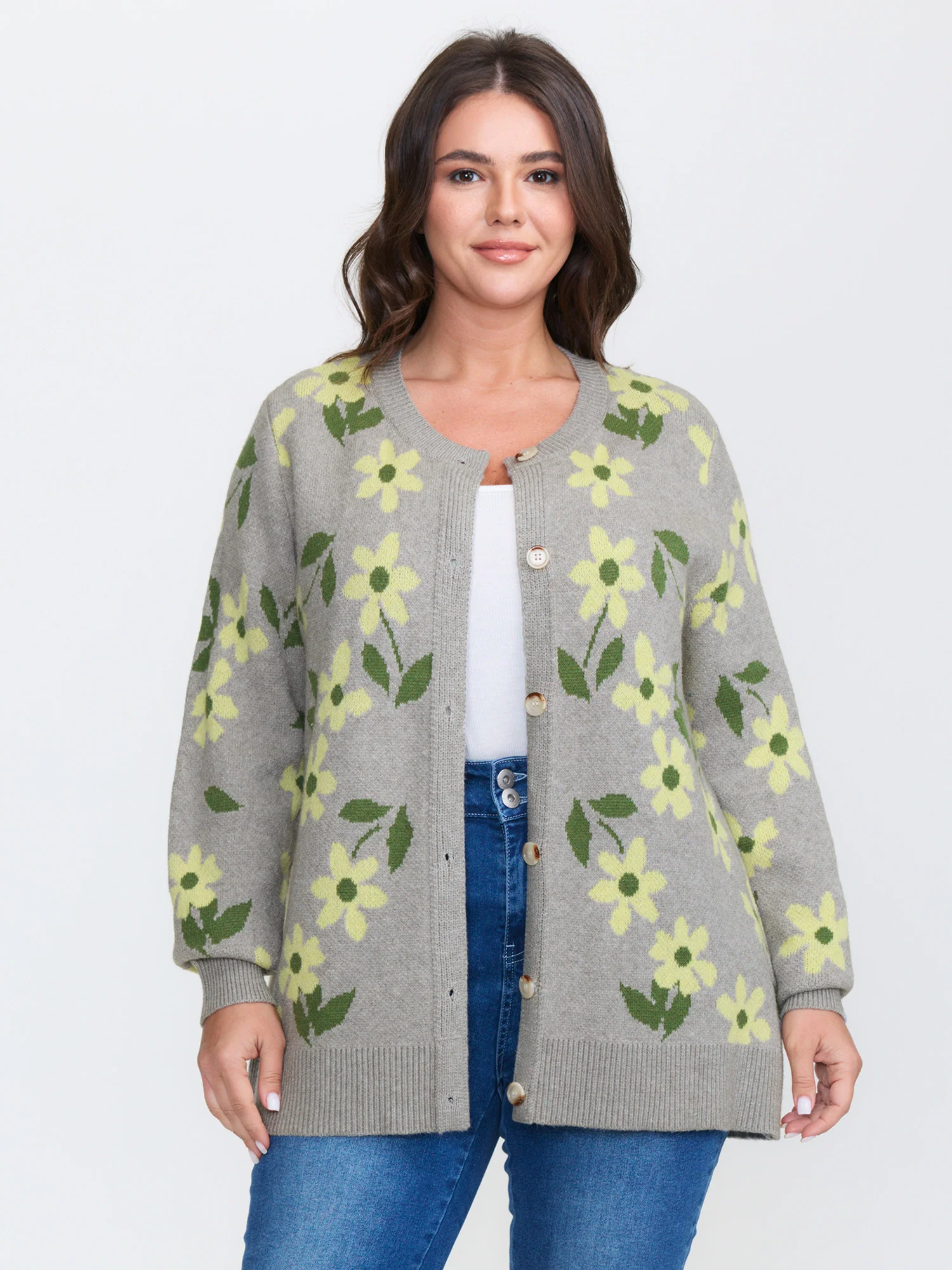 Floral Pattern Jacquard Button Knit Cardigan
