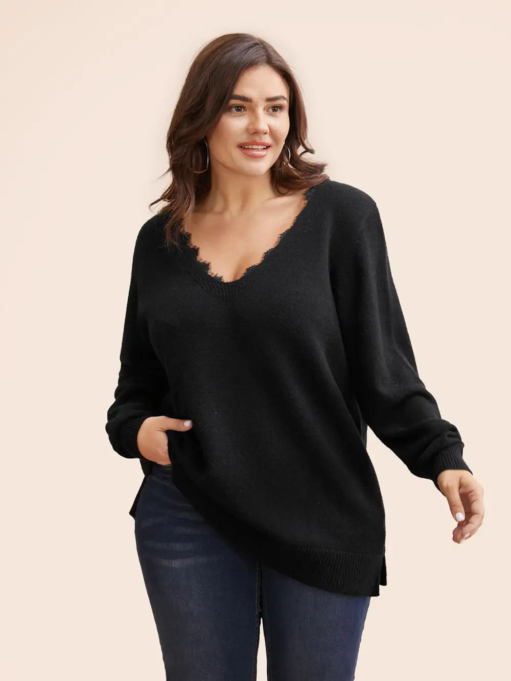 V Neck Lace Patchwork Backless Pullover