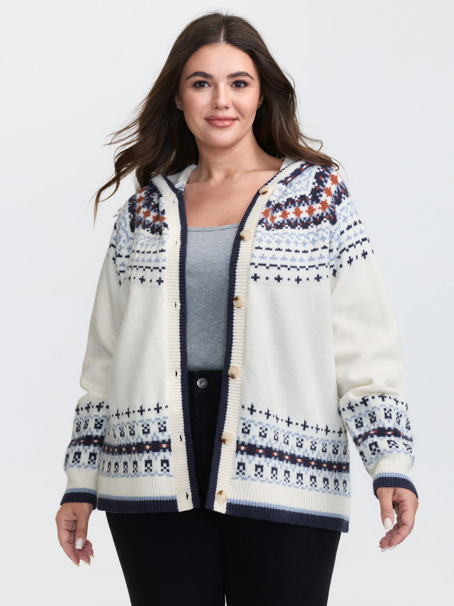 Hooded Jacquard Pattern Button Knit Cardigan