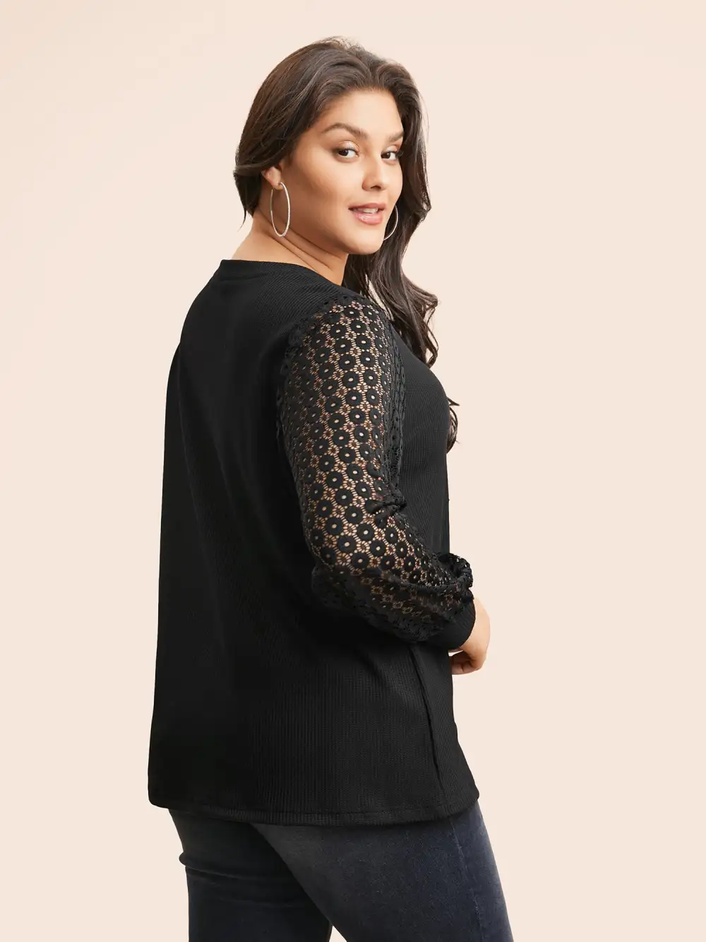 Notched Crochet Lace Mesh T-Shirt