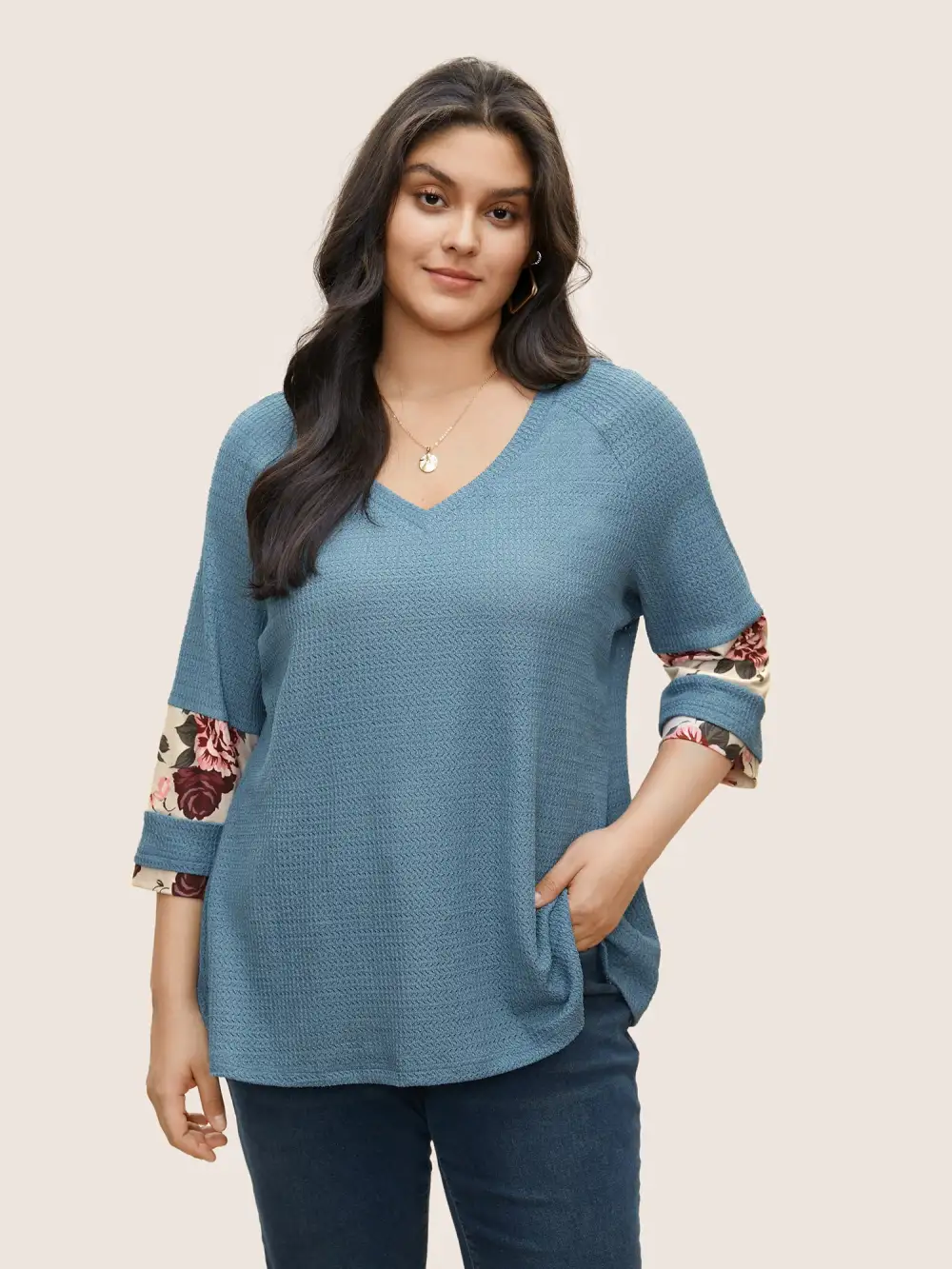 Textured Patchwork Floral Raglan Sleeve T-Shirt