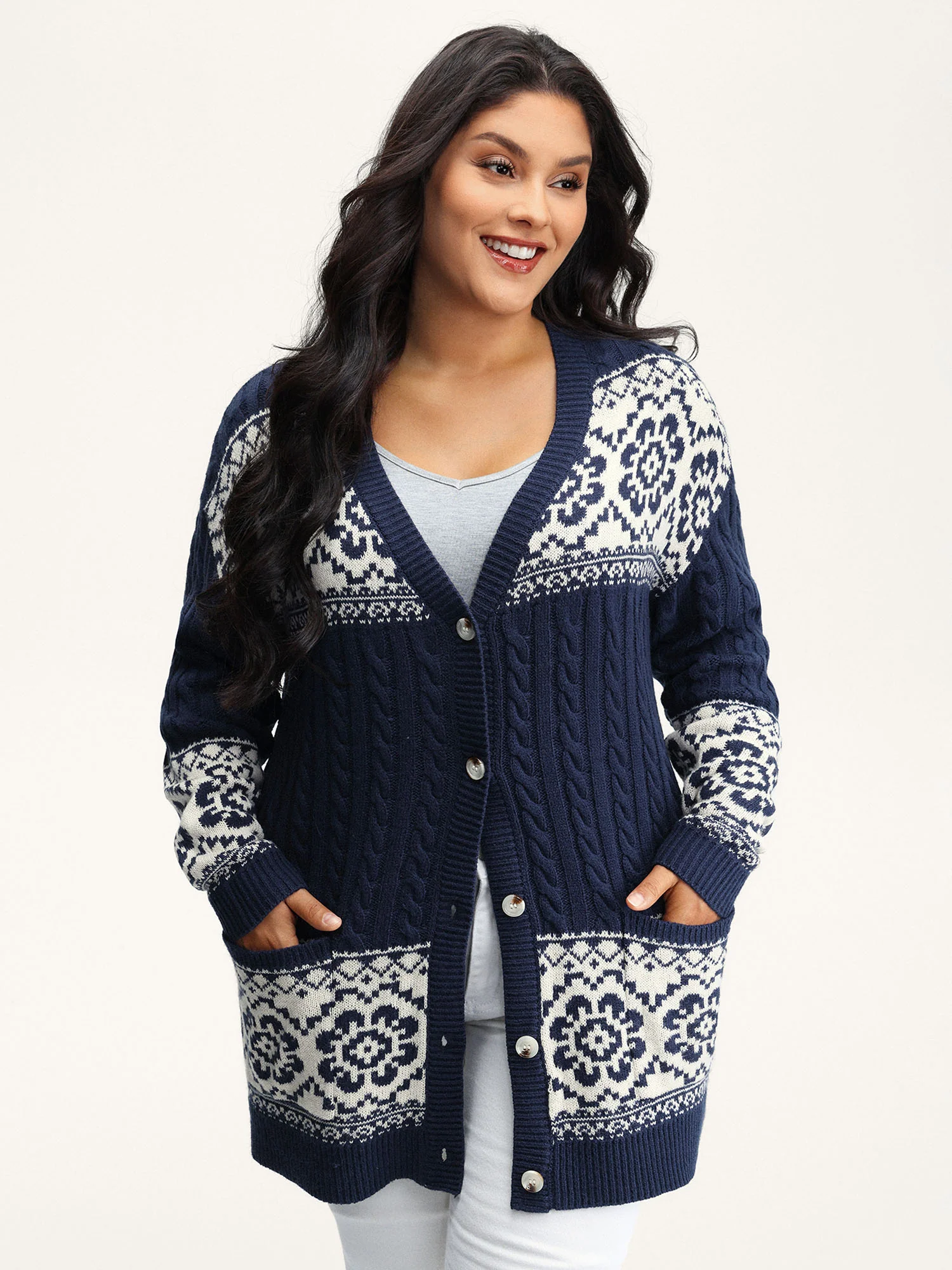 Cable Knit Floral Jacquard Pockets Knit Cardigan