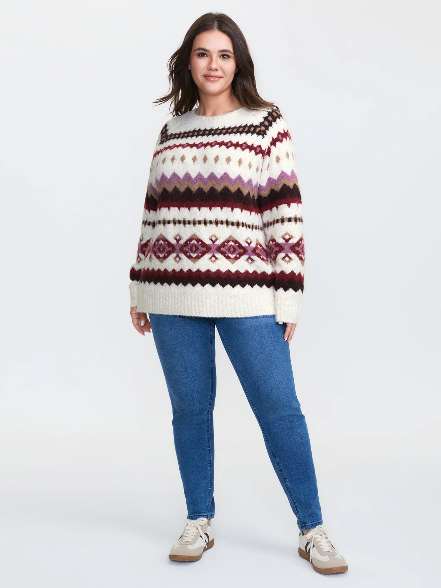 Boho Print Round Neck Ribbed Hem Pullover