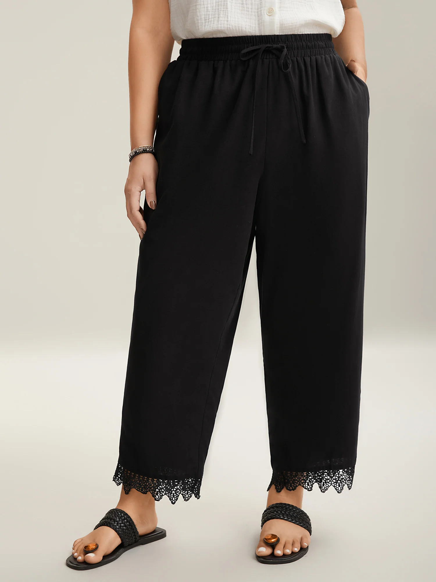 Drawstring Scalloped Lace Hem Pants