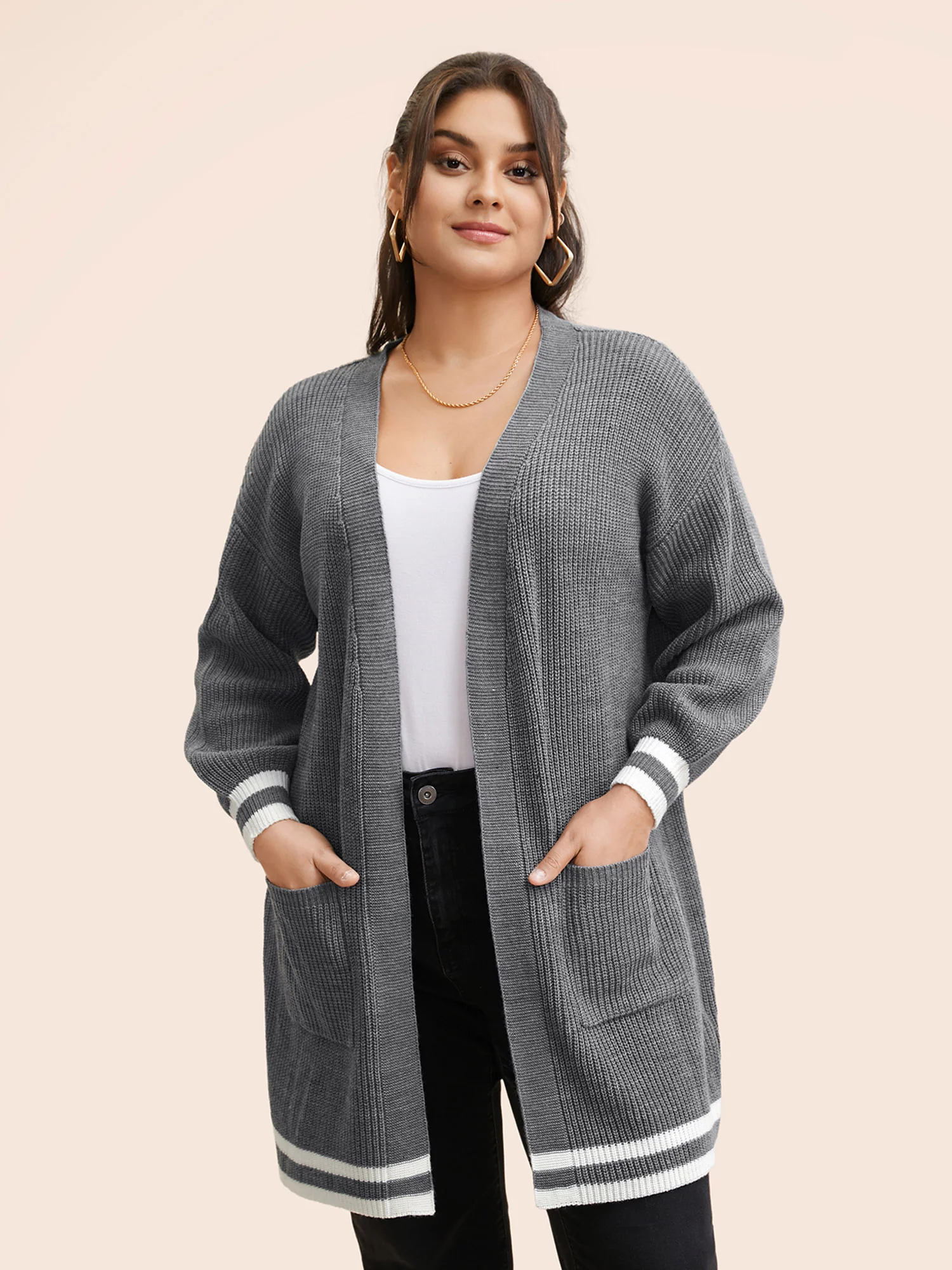 Texture Striped Patchwork Patched Pocket Cardigan