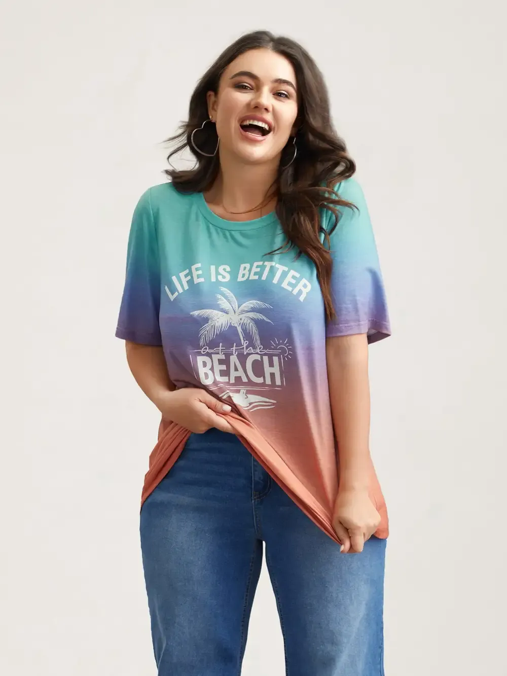 Gradient Beach Print Fitted T-Shirt