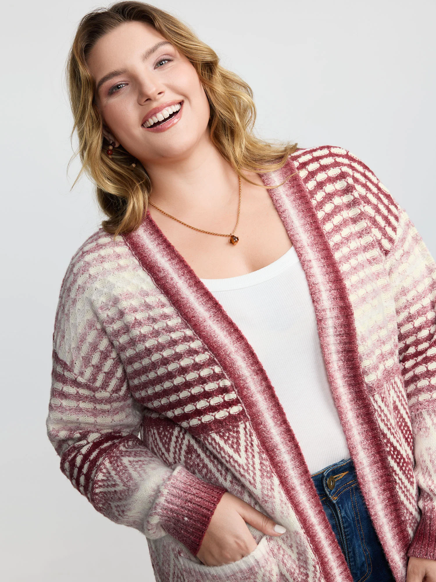 Geometric Pattern Pockets Open-Front Knit Cardigan