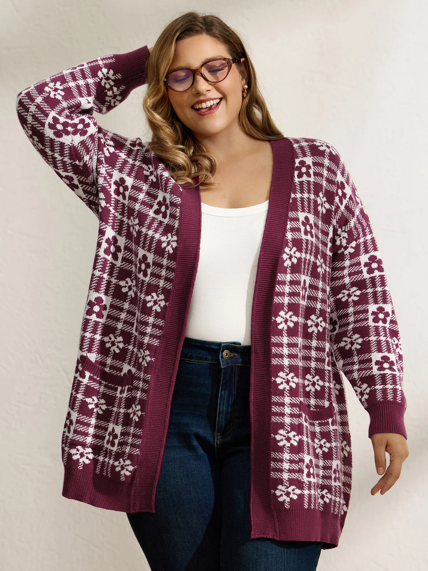 Supersoft Floral Checkered Pockets Knit Cardigan