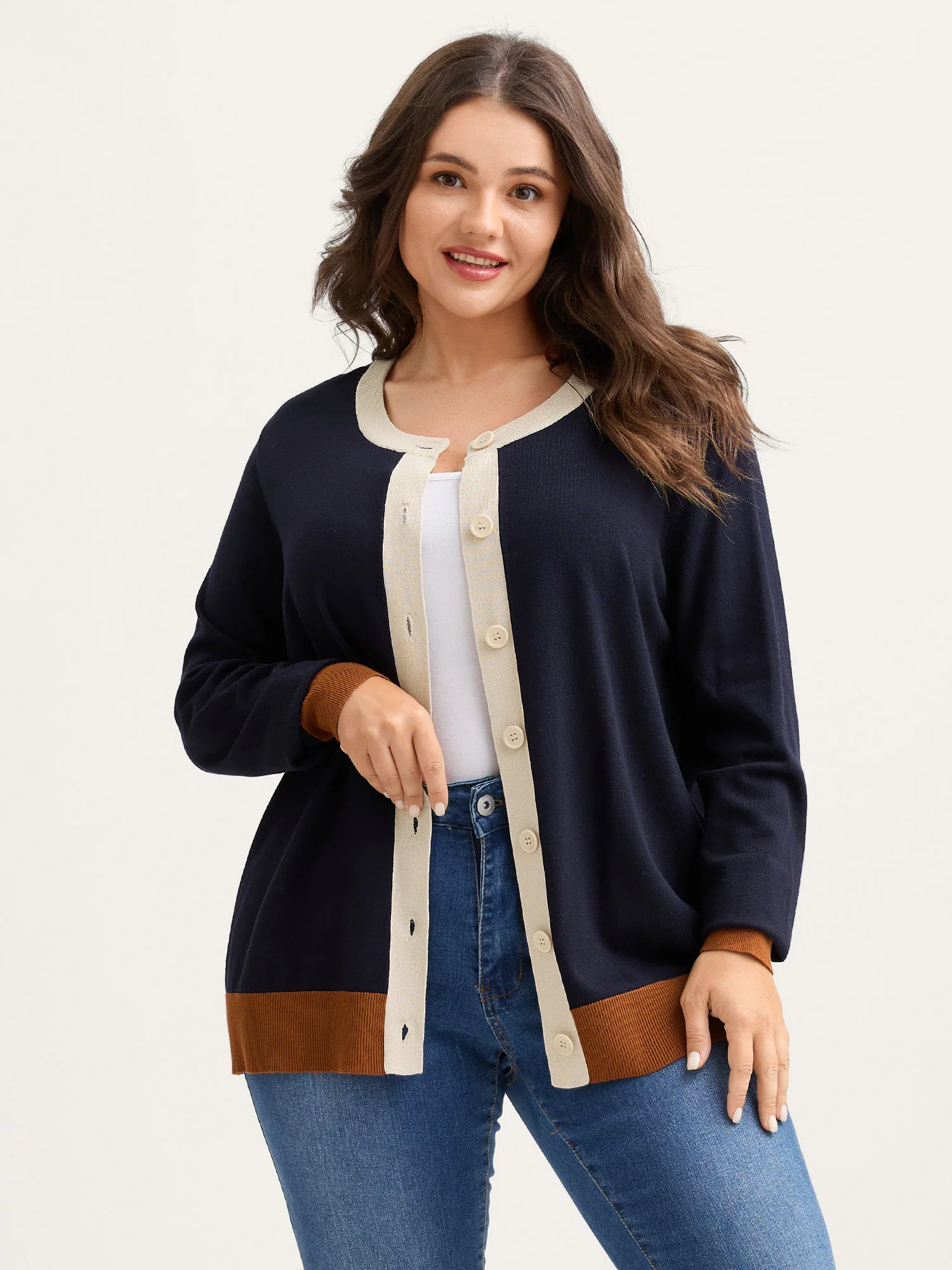 Supersoft Color Contrast Button-Down Knit Cardigan