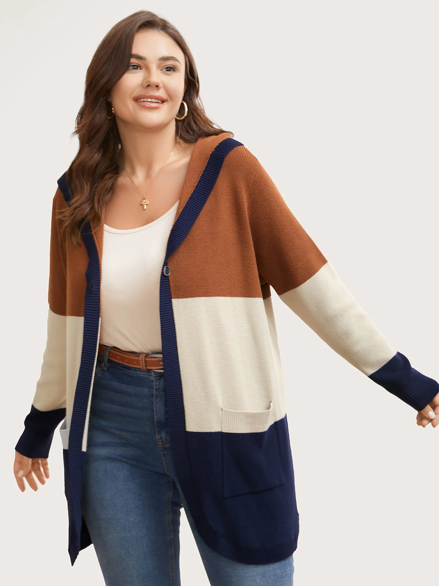 Colorblock Contrast Patched Pocket Hooded Cardigan