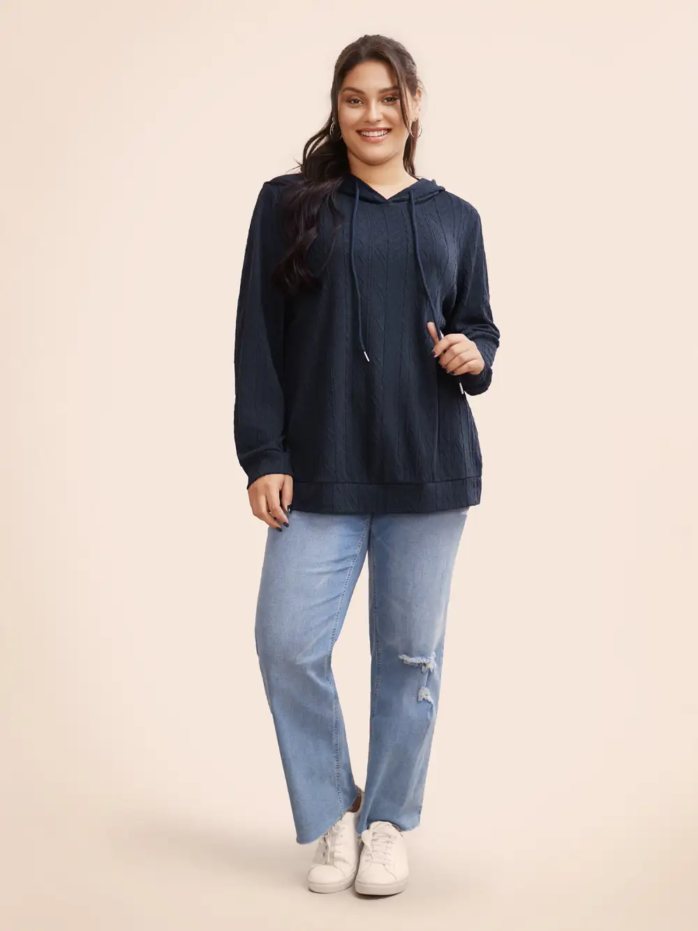 Plain Textured Hooded Drawstring Sweatshirt