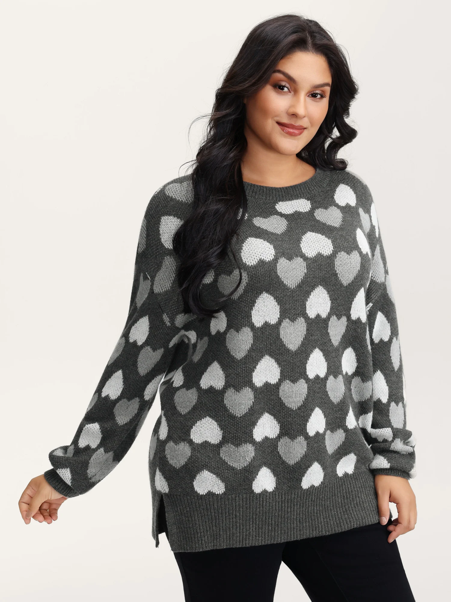 Monochrome Hearts Slit Round Neck Pullover