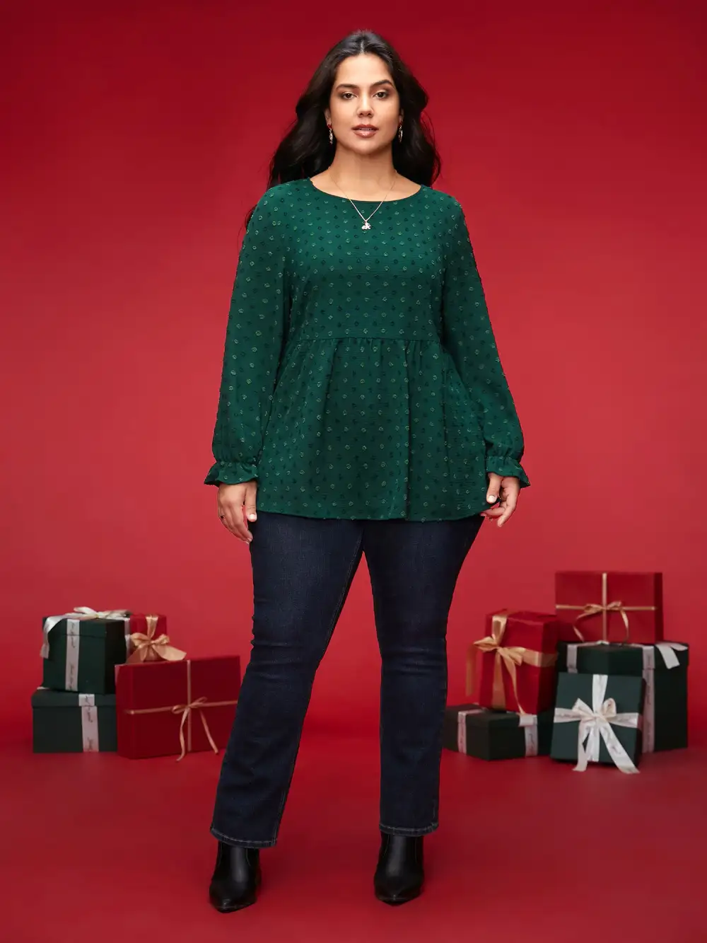 Textured Dot Elastic Cuffs A-Line Blouse