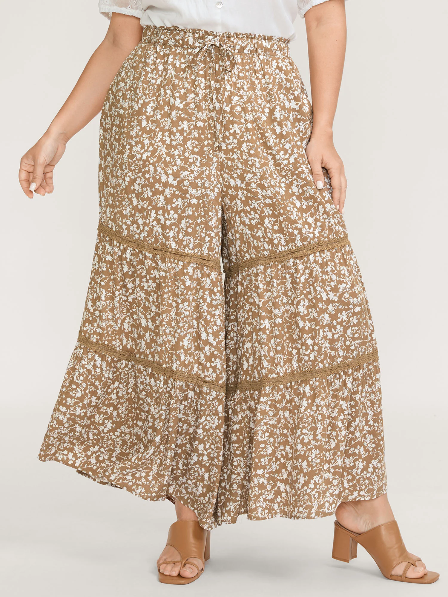 Floral Print Lace Trim Wide-Leg Pants