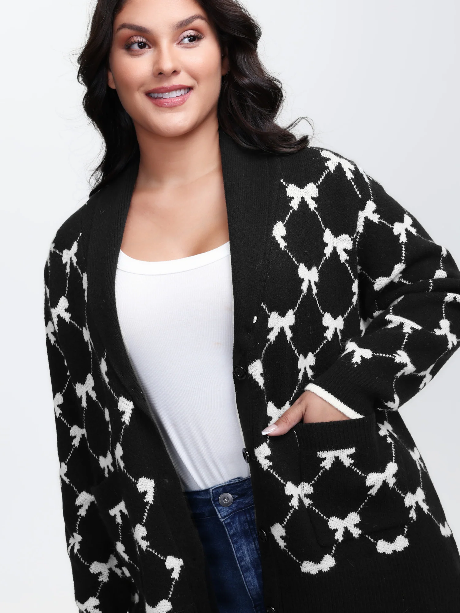 Bowknot Jacquard Button Knit Cardigan