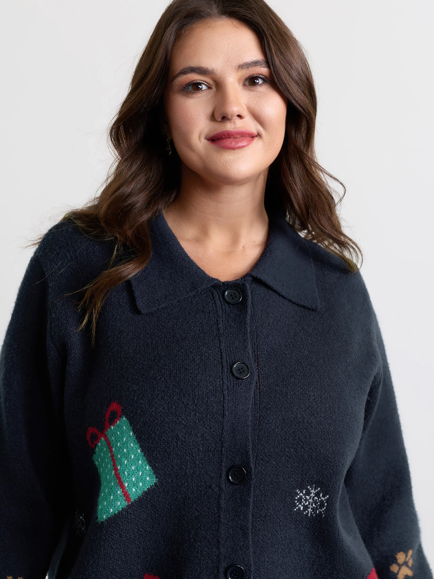 Holiday Pattern Collar Button Knit Cardigan