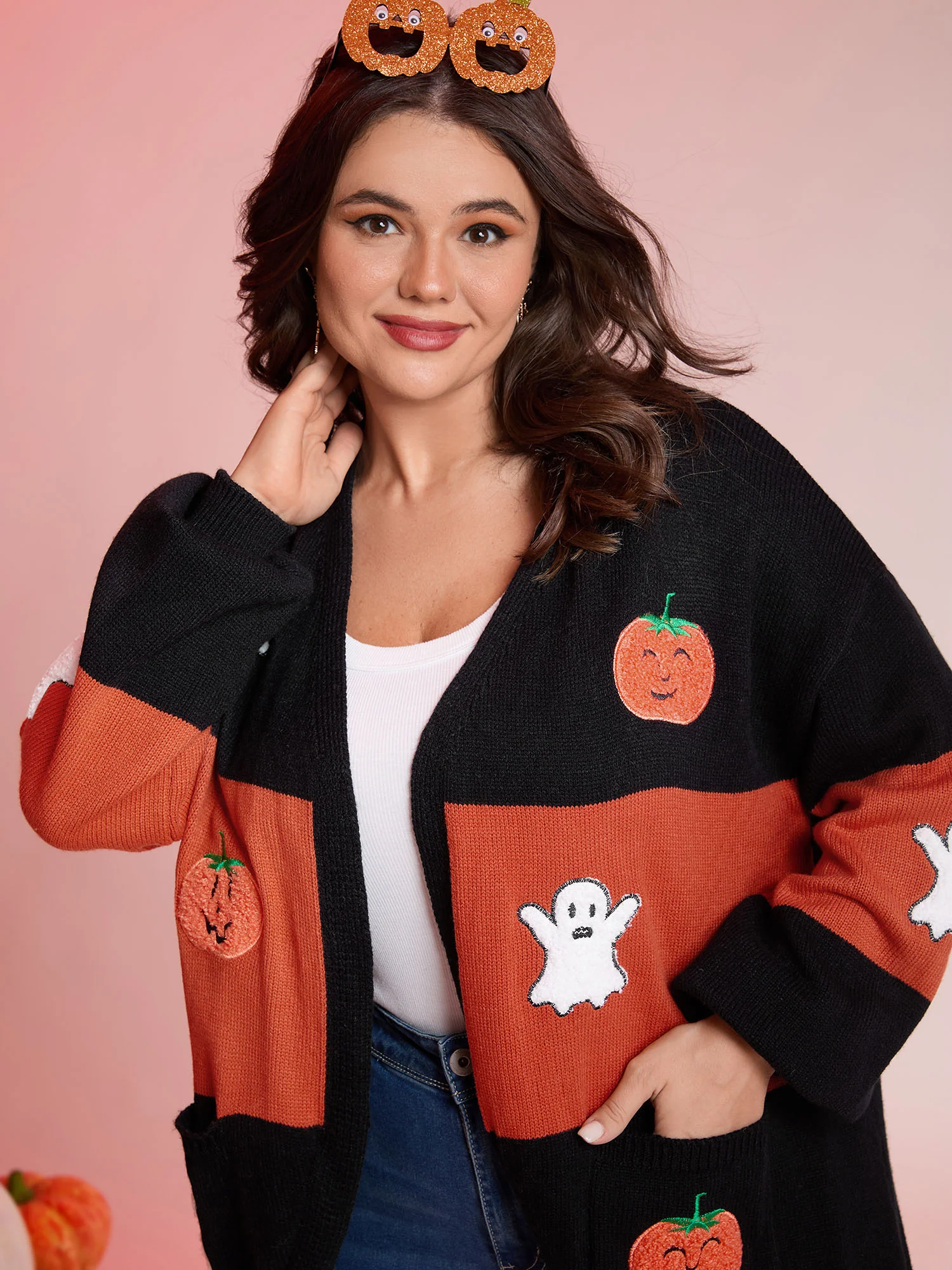 Halloween Elements Color Block Knit Cardigan