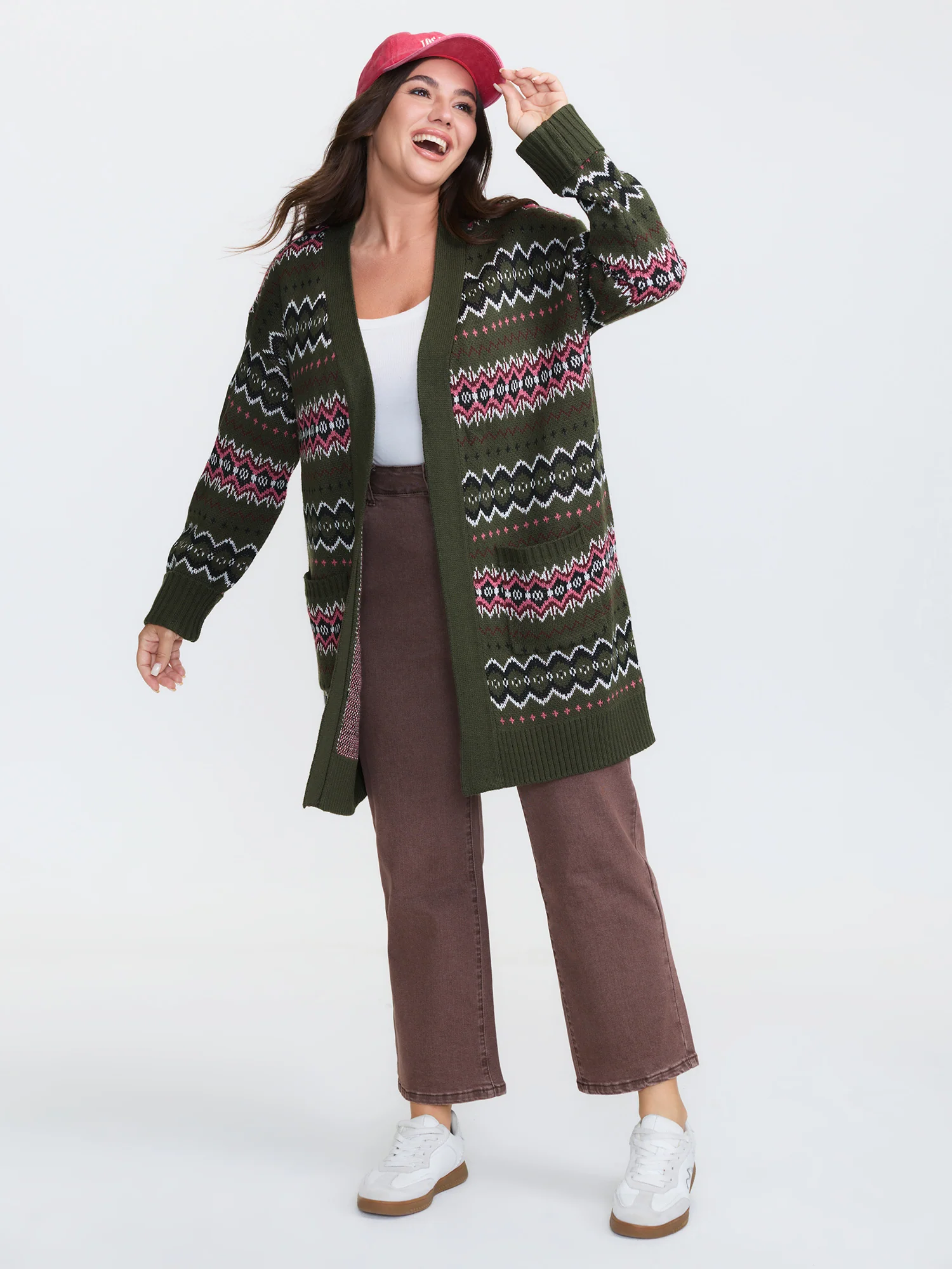 Geometric Pattern Pockets Open-Front Cardigan
