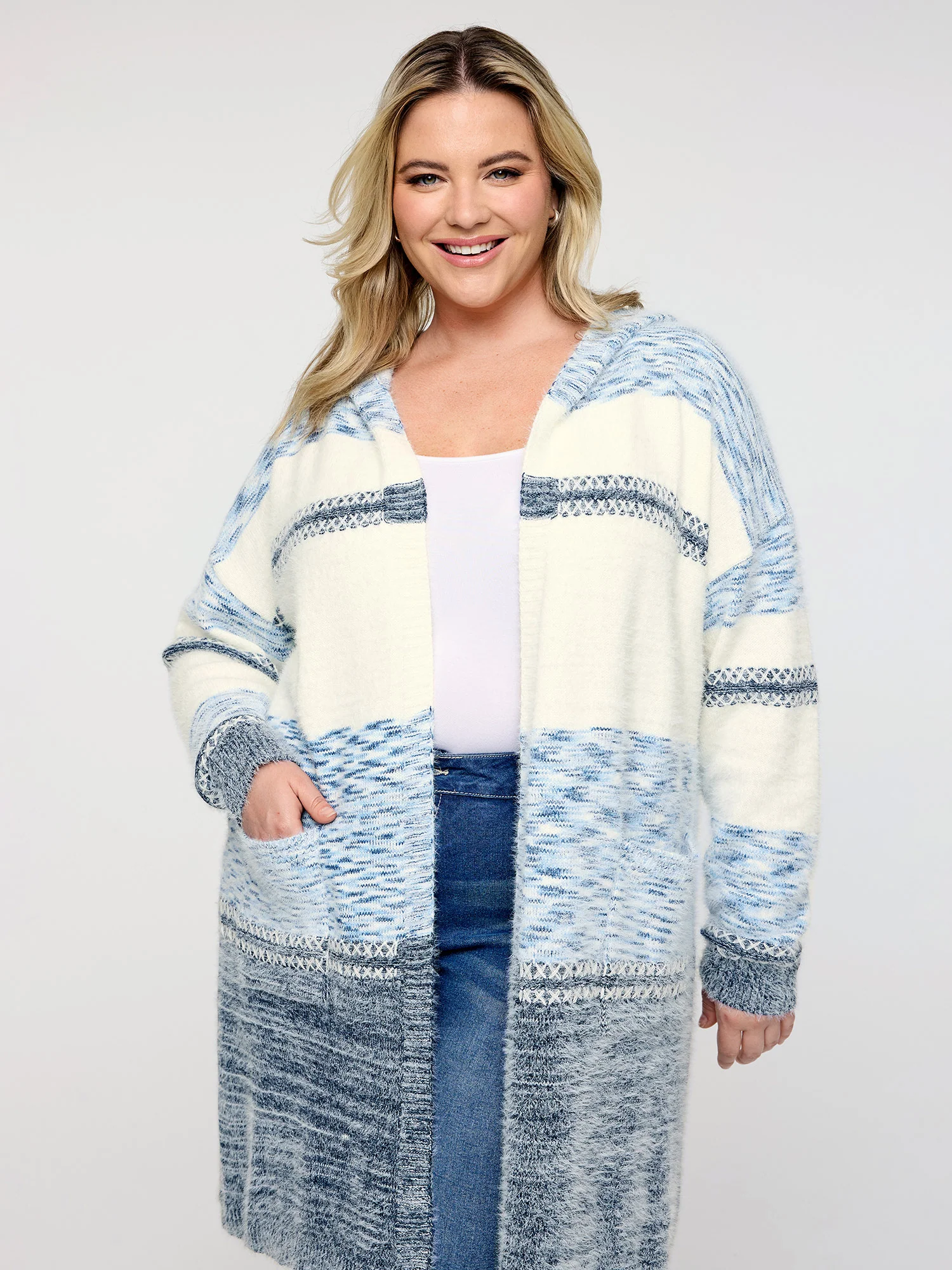 Colorblock Hooded Textured Knit Cardigan