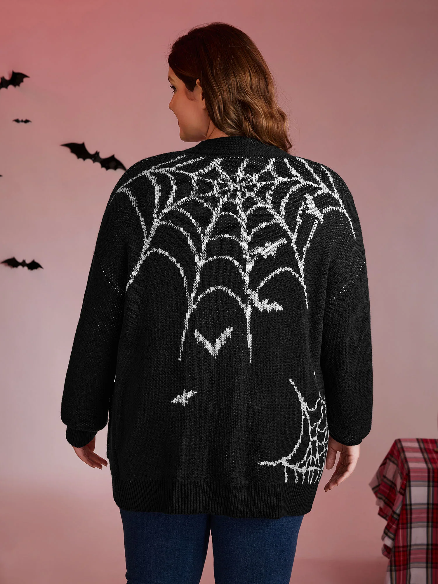 Spiderweb Bat Jacquard Pockets Knit Cardigan