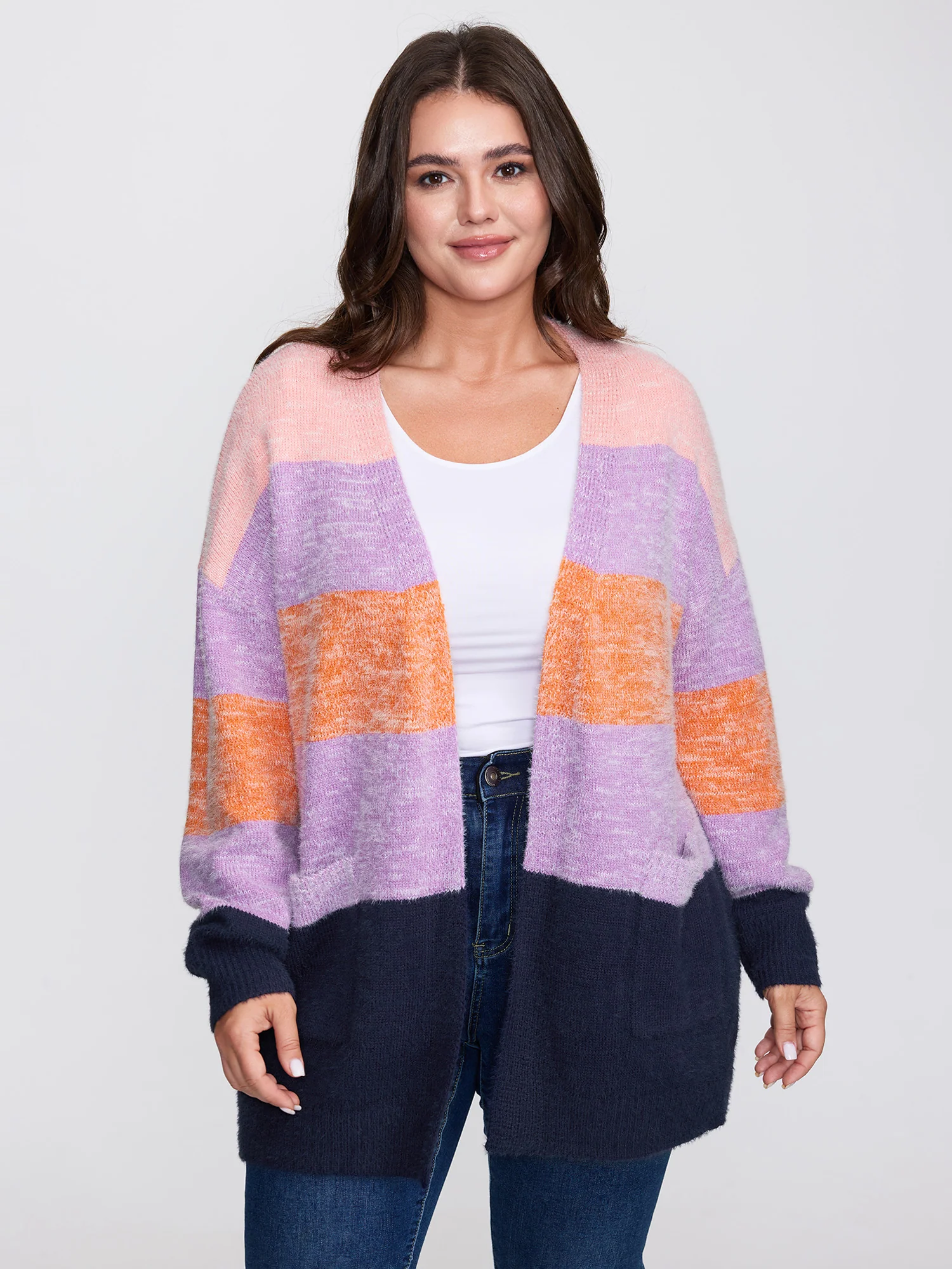 Furry Textured Colorblock Knit Cardigan
