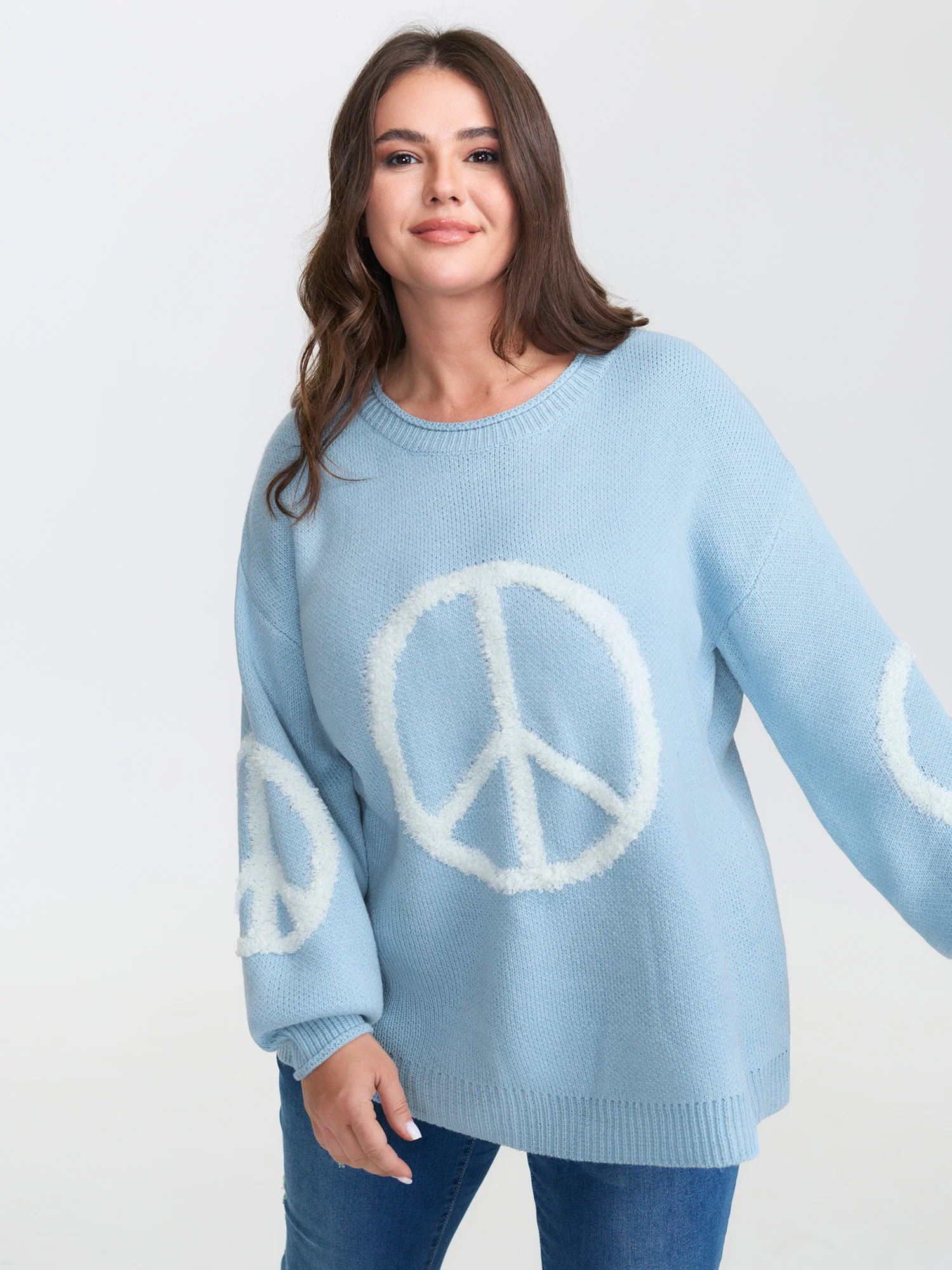 Geometric Pattern Textured Ribbed Hem Pullover