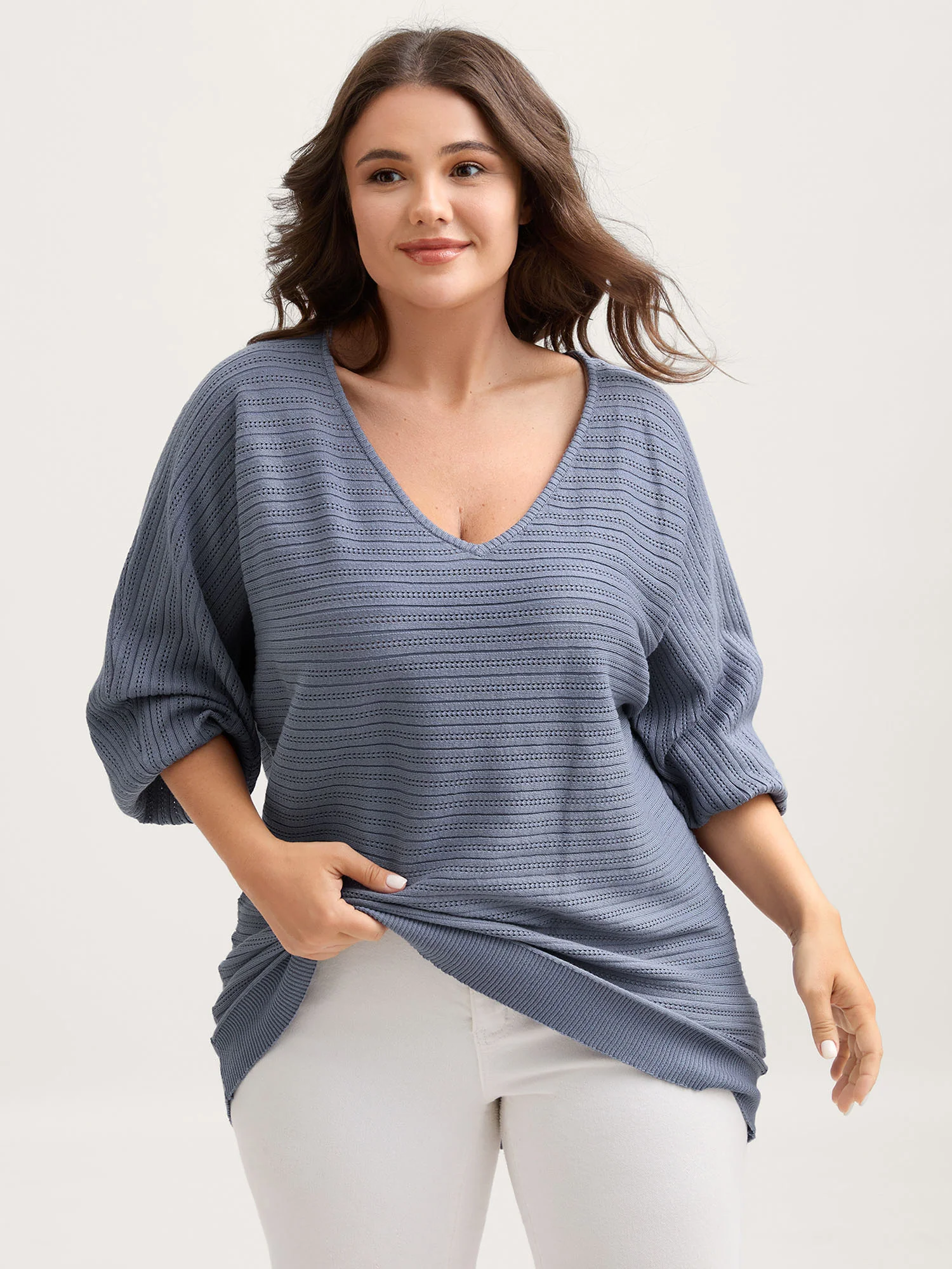 Supersoft Textured V-Neck Batwing Sleeve Pullover