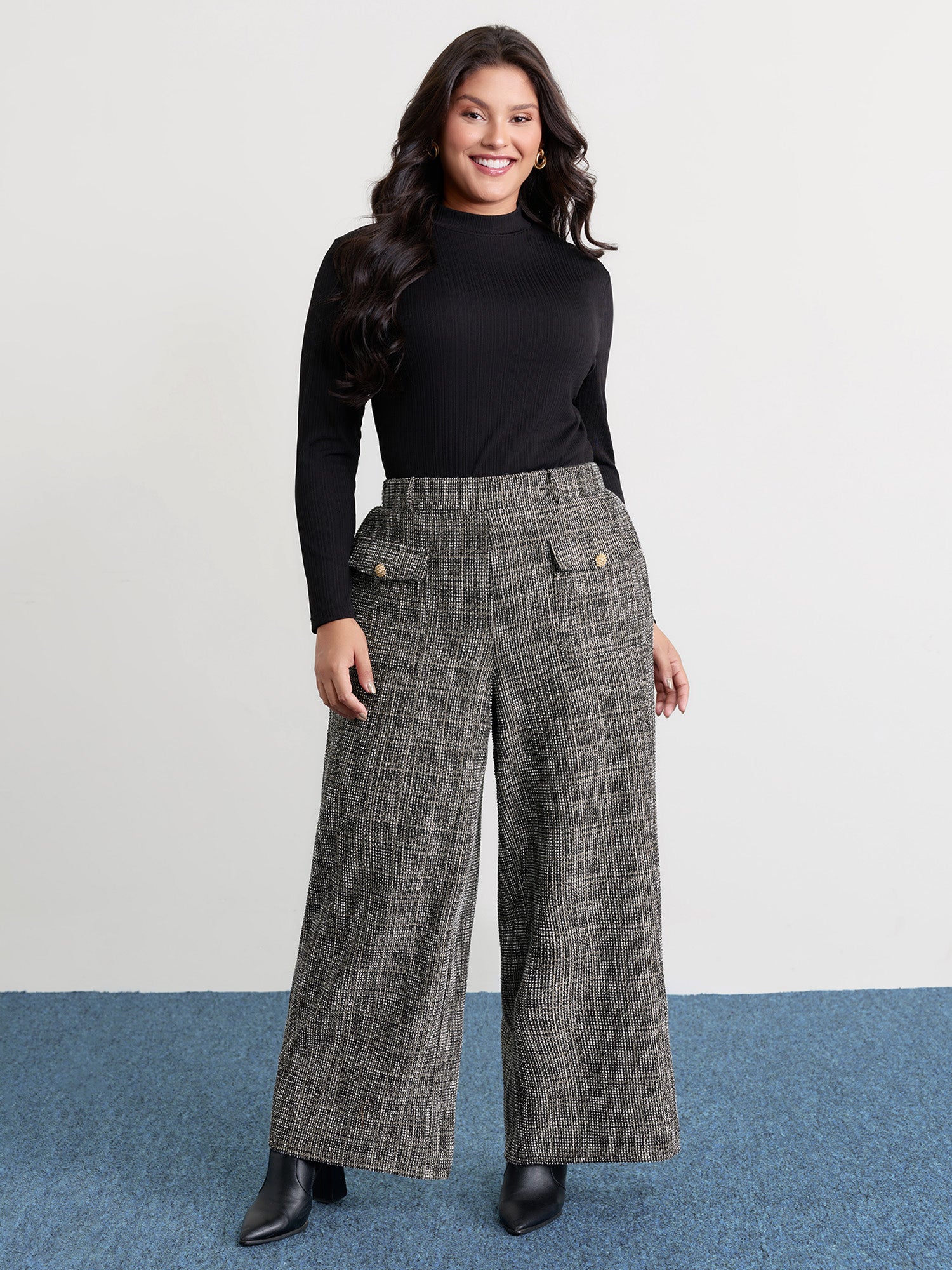 Tweed Pockets Wide Waistband Pants