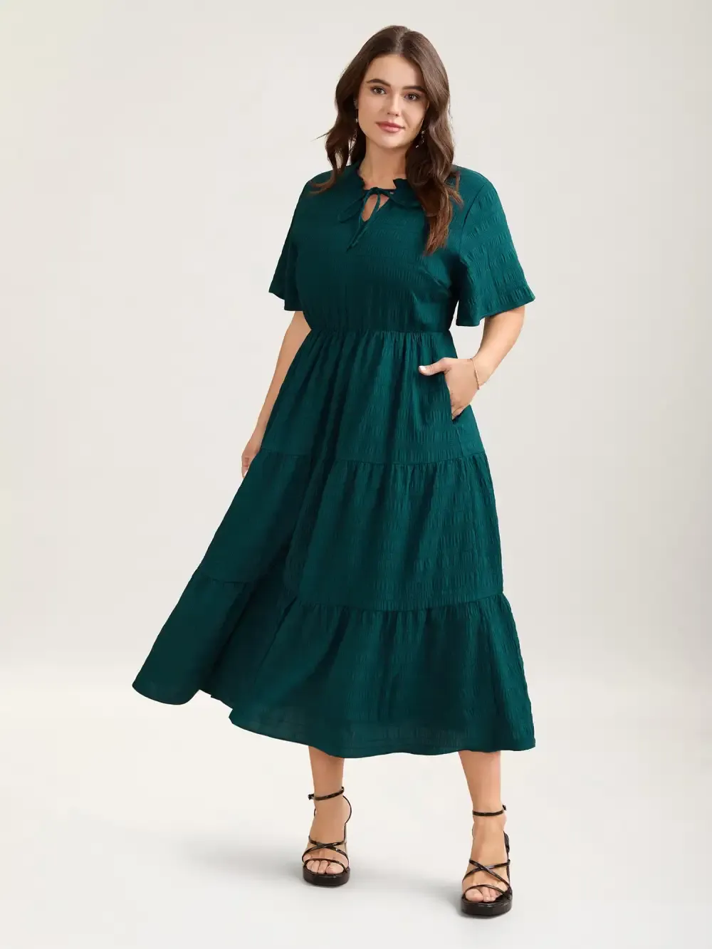 Stretchy Waist Frill Trim Pockets Midi Dress