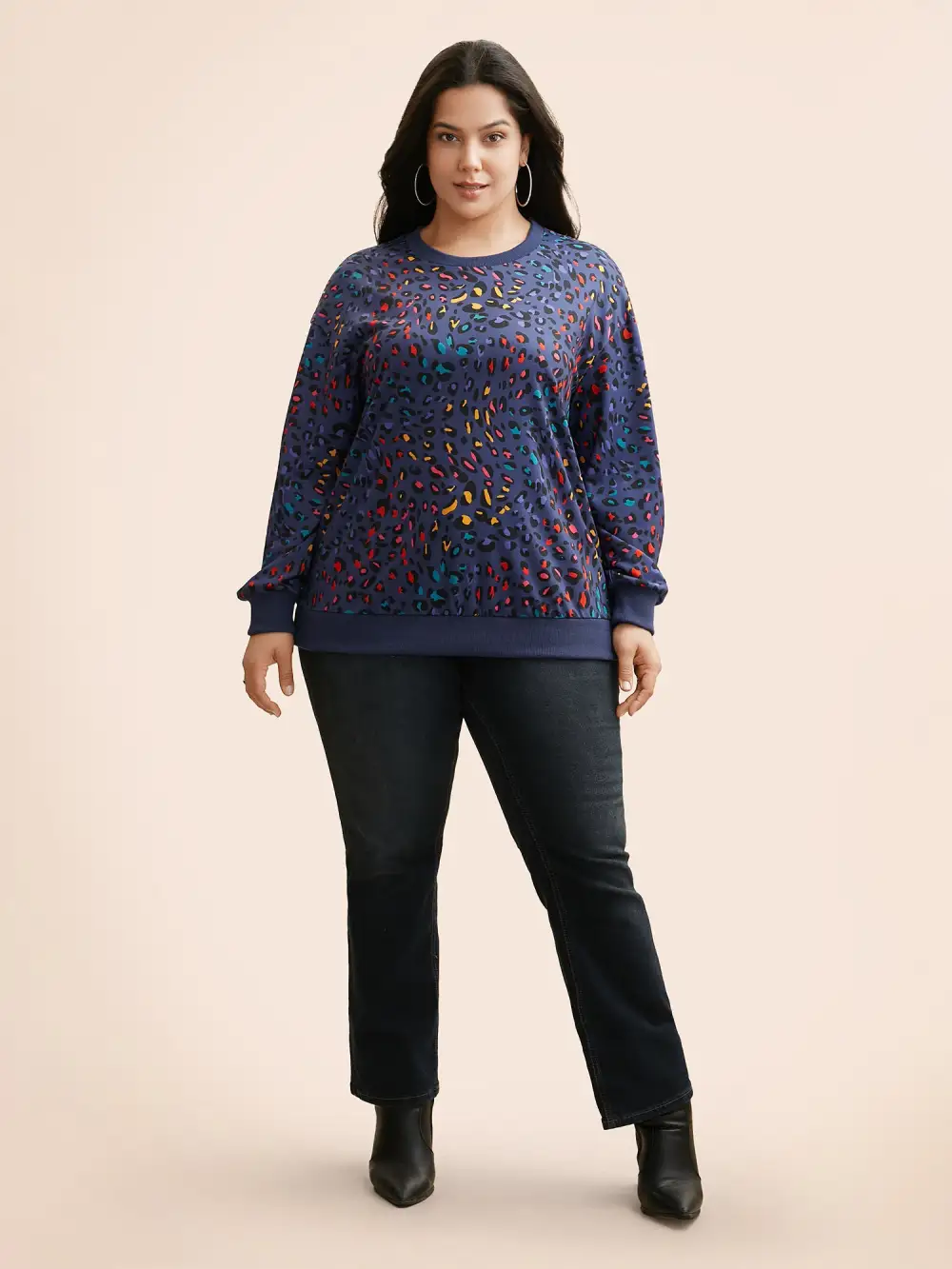 Round Neck Color Leopard Print Sweatshirt