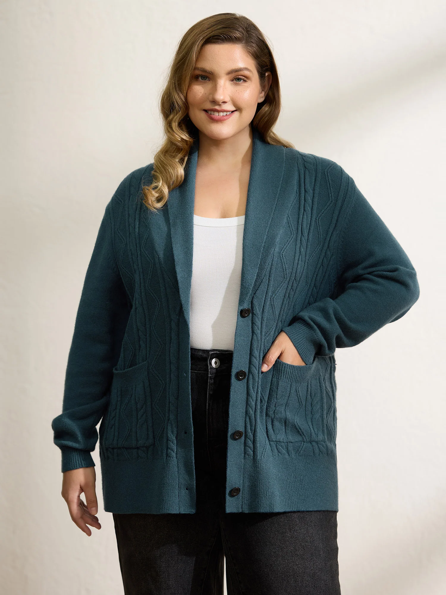 Supersoft Cable Knit Pockets Shawl Collar Knit Cardigan