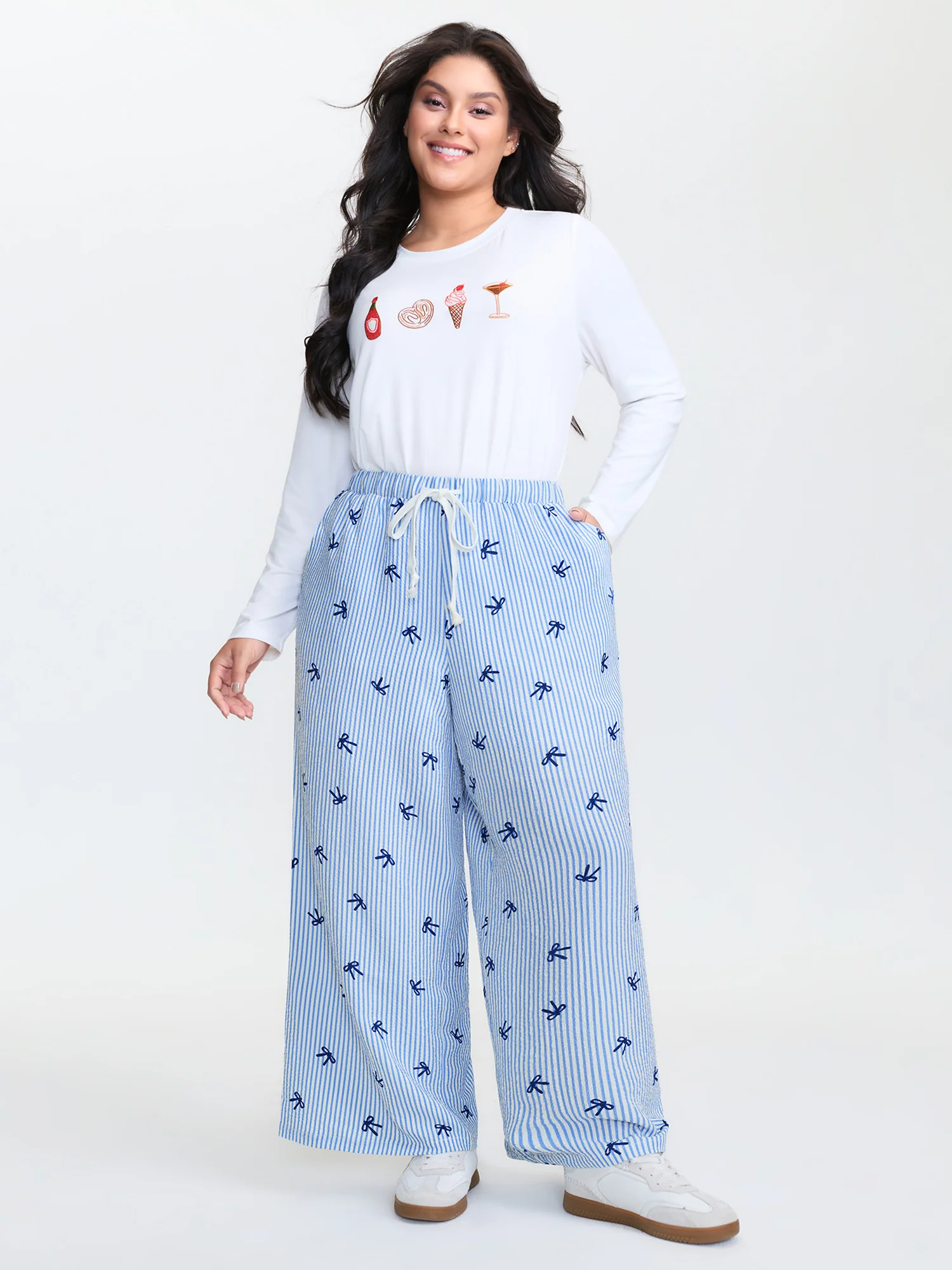 Stripe Bowknot Print Pockets Pants