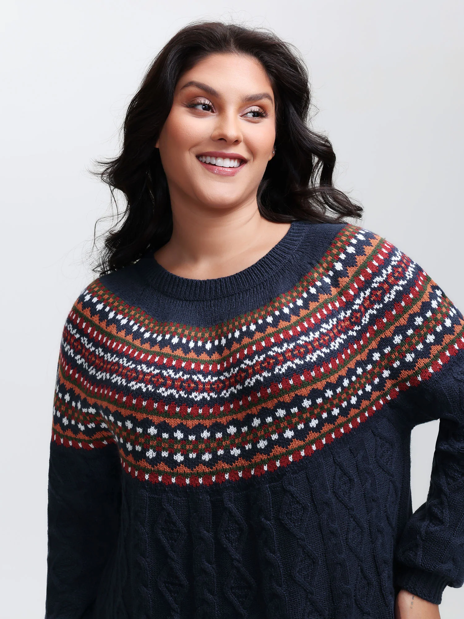 Cable Knit Boho Print Curvy Hem Pullover
