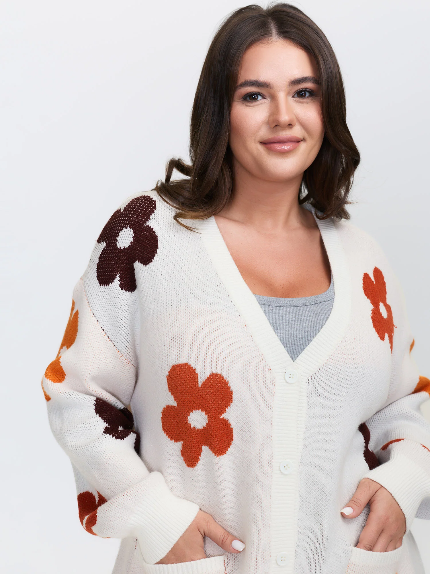 Floral Print Pockets Button-Front Knit Cardigan