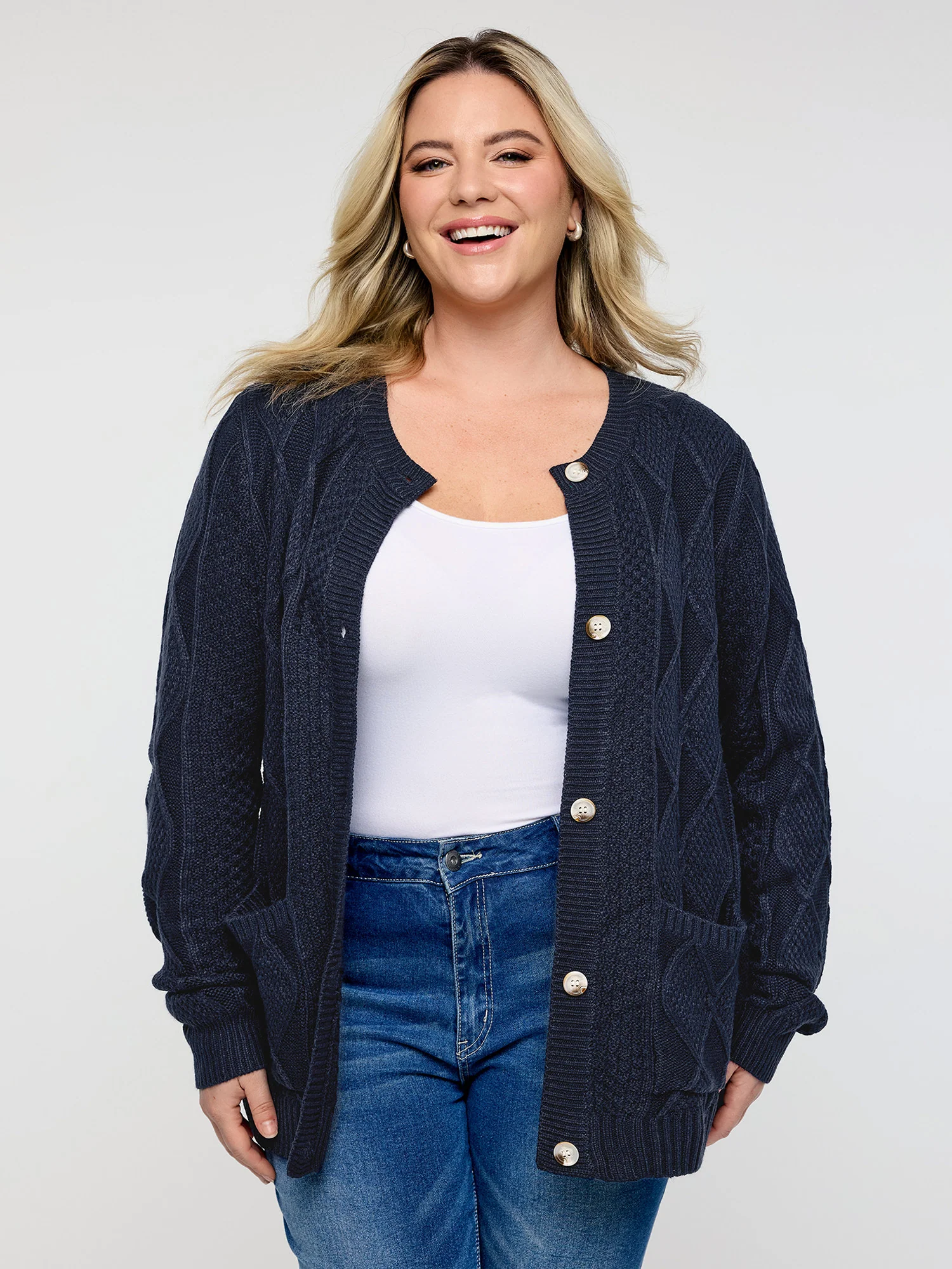 Cable Knit Button Pockets Cardigan