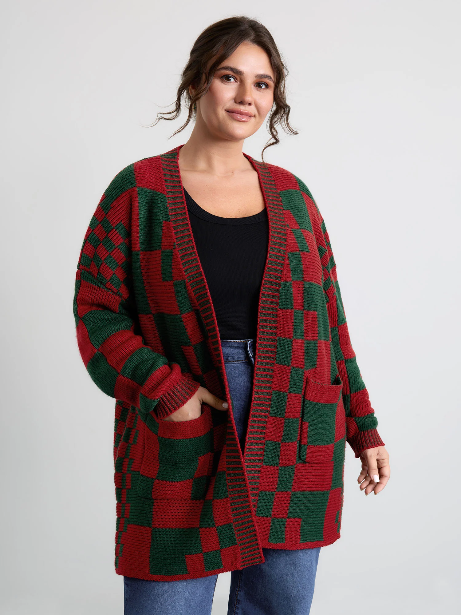 Holiday Checkered Open-Front Knit Cardigan