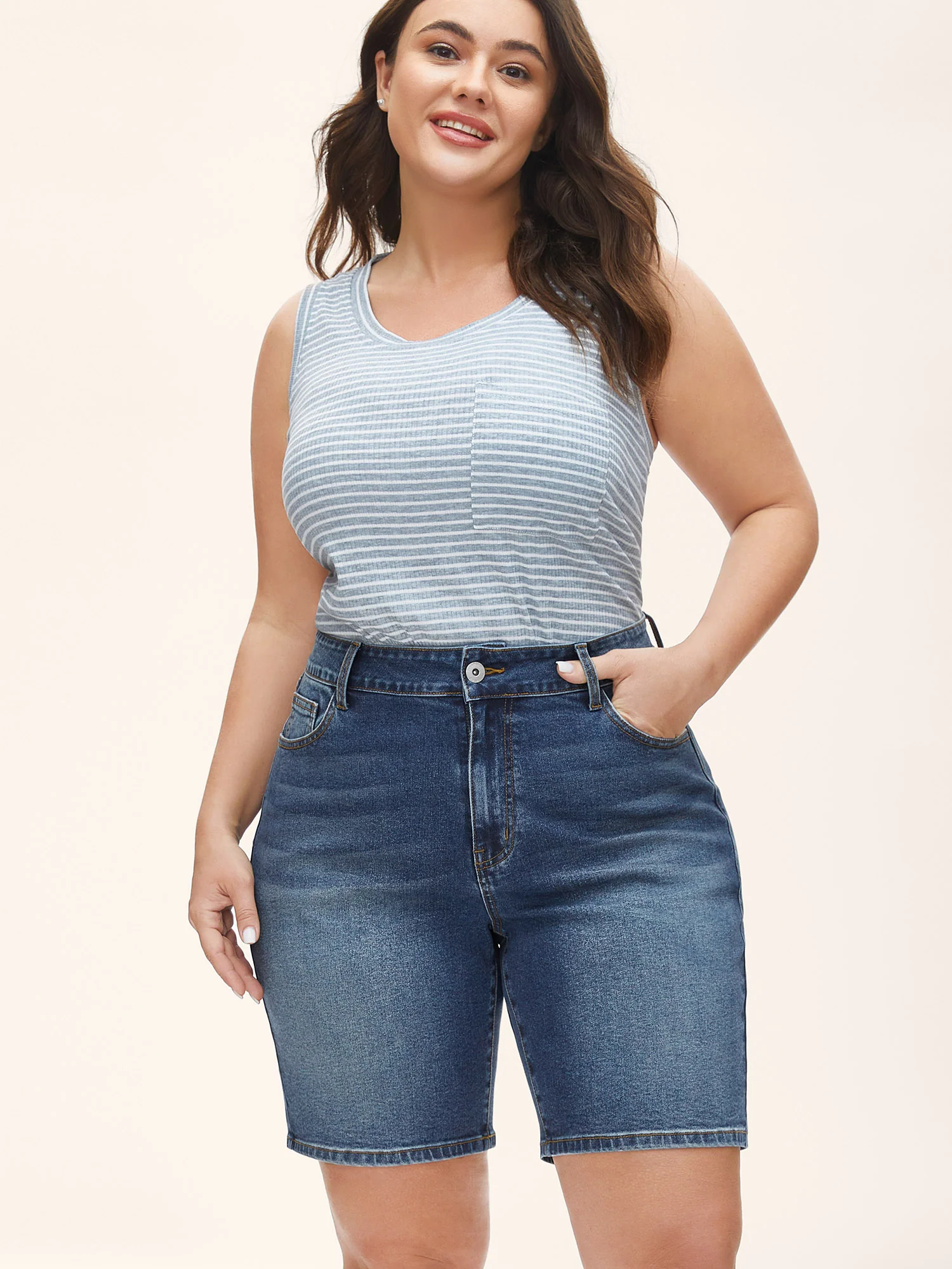 Stretch Straight-Leg Faded Denim Shorts