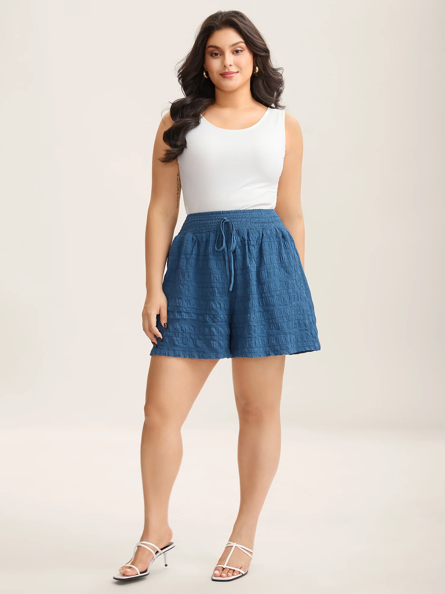 Textured Shirred Waist Tie Shorts