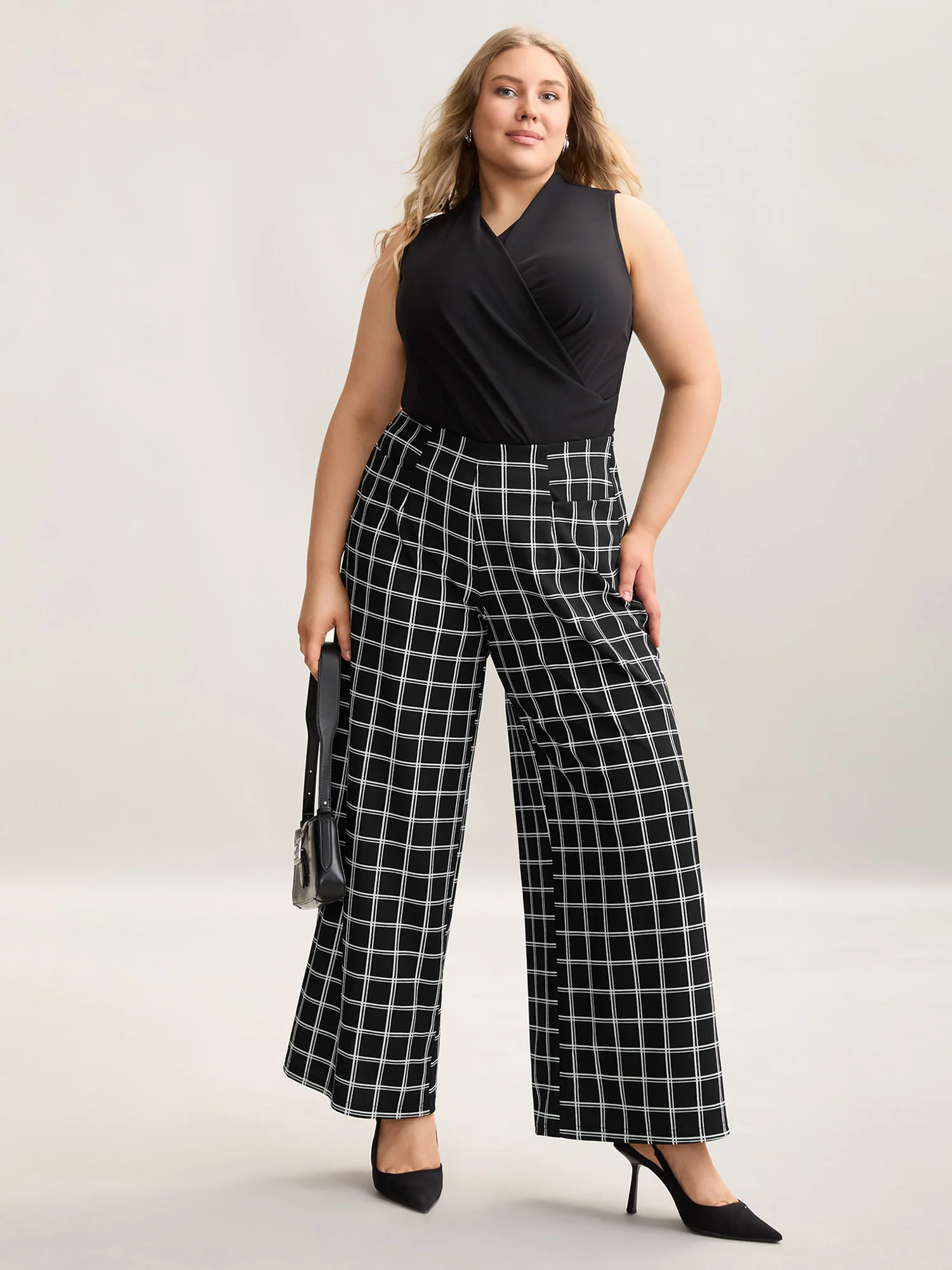 Plaid Pattern Stretchy Waist Wide-Leg Pants