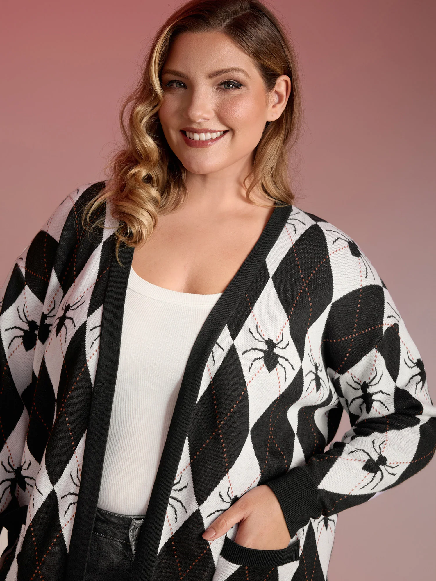 Spider Check Jacquard Pockets Knit Cardigan