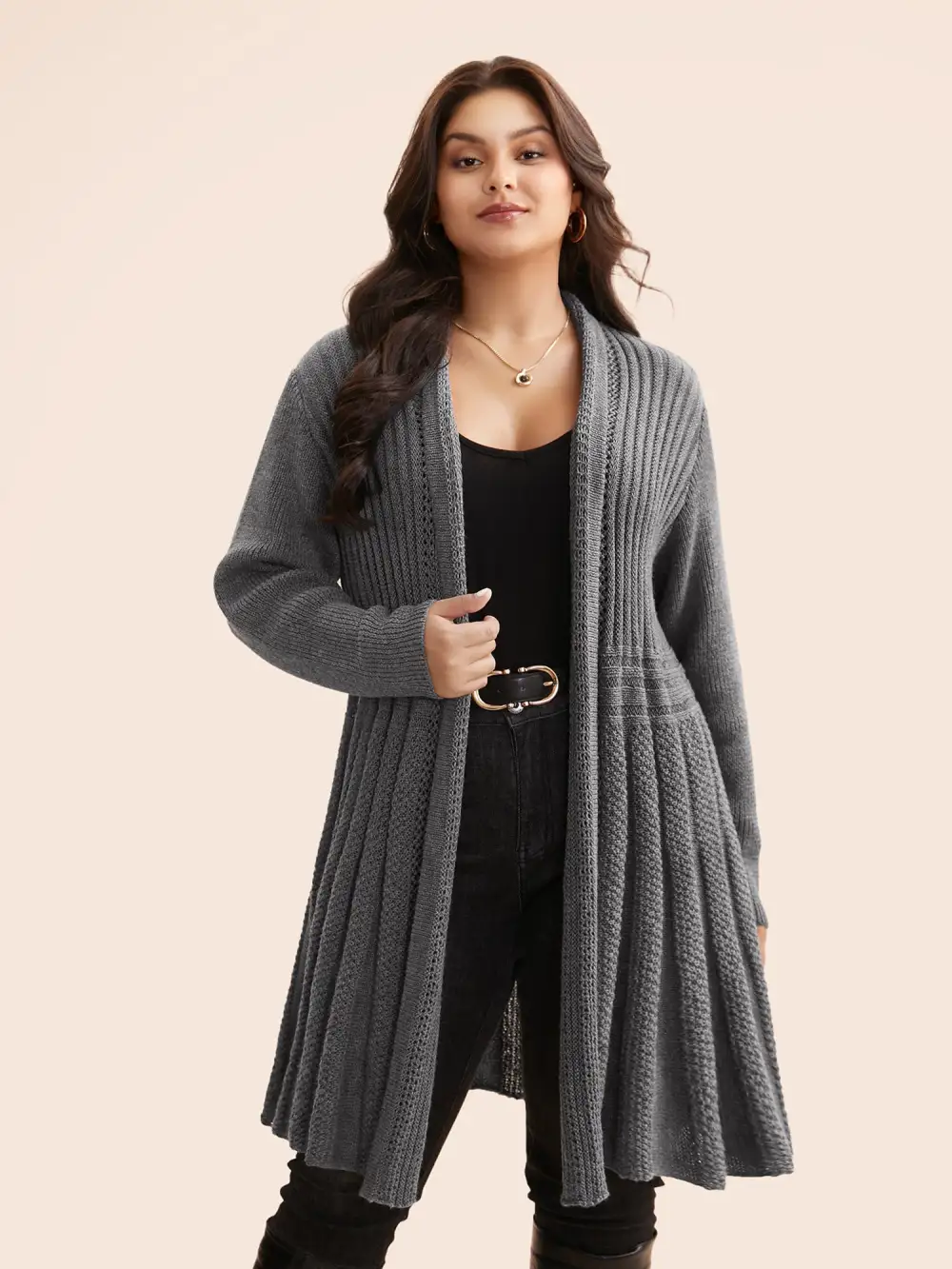 Plain Textured Kimono Collar Cardigan