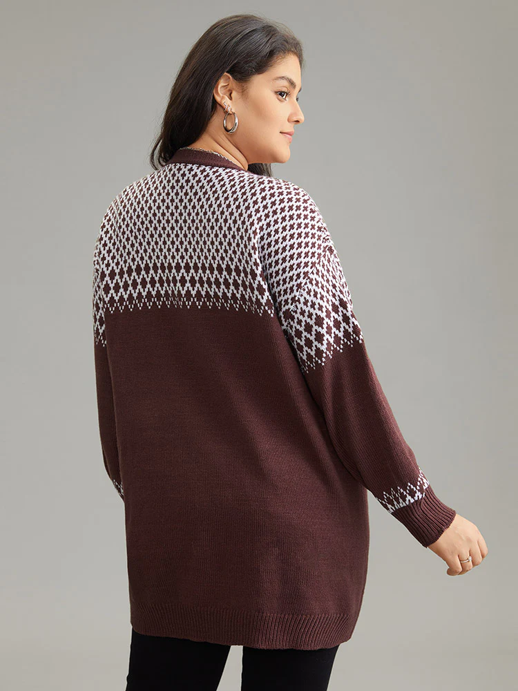 Geometric Contrast Patched Pocket Jacquard Cardigan