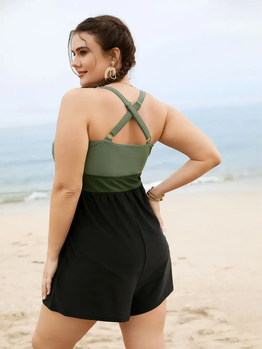 Patchwork Contrast Crossover One Piece Swimsuit